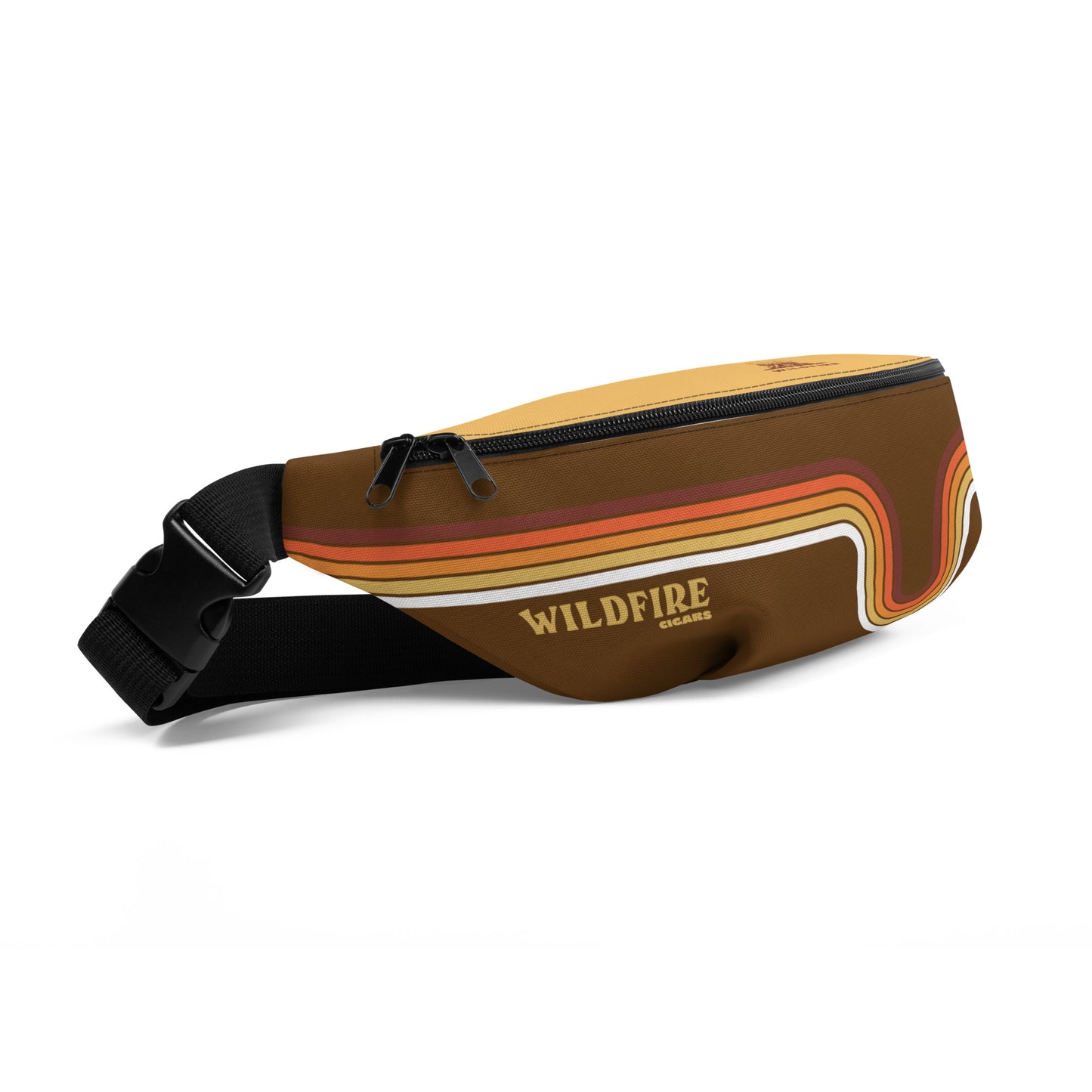 Wildfire Cigars retro striped fanny pack in brown facing the front right
