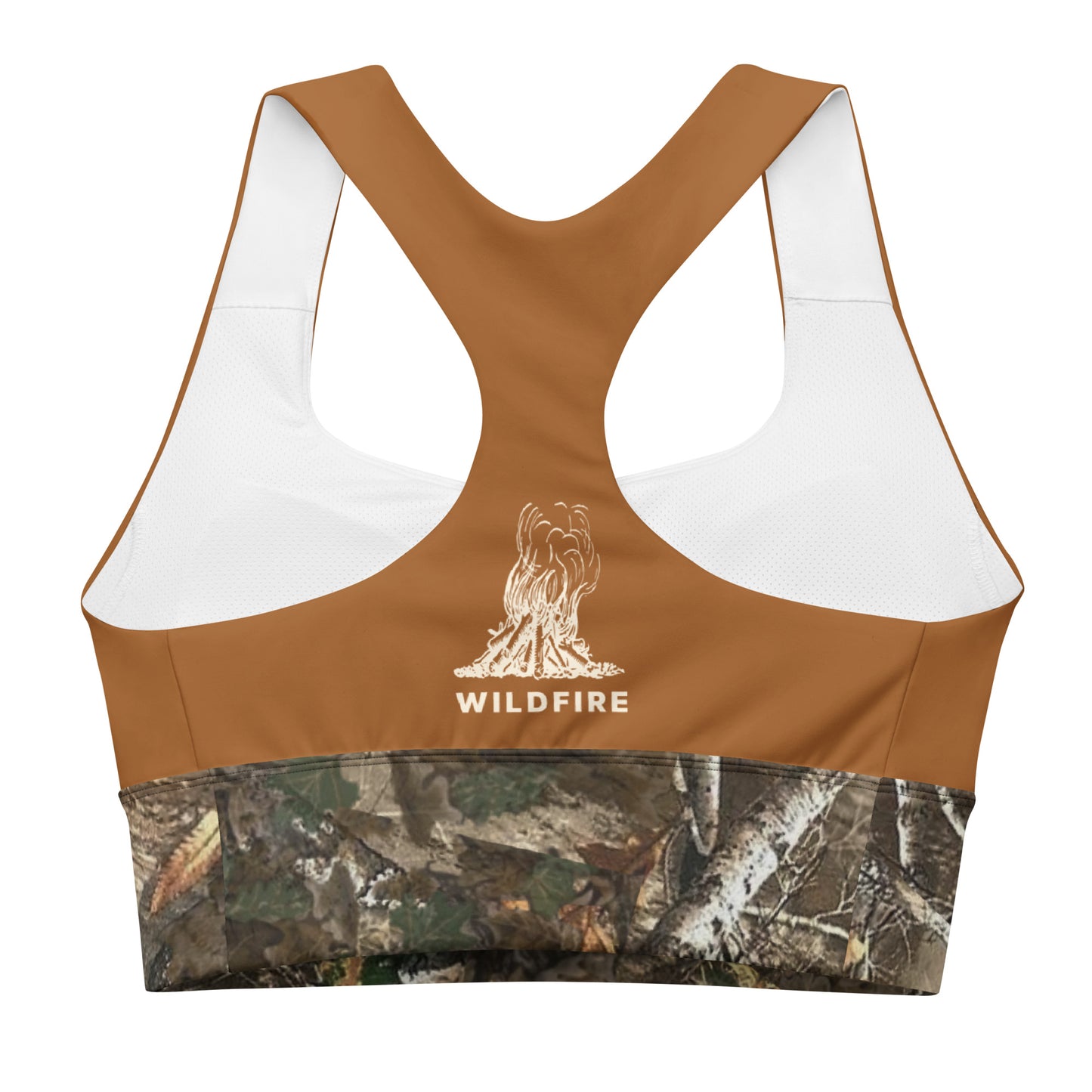 Wildfire Cigars Camel and Camouflage longline sports bra back view