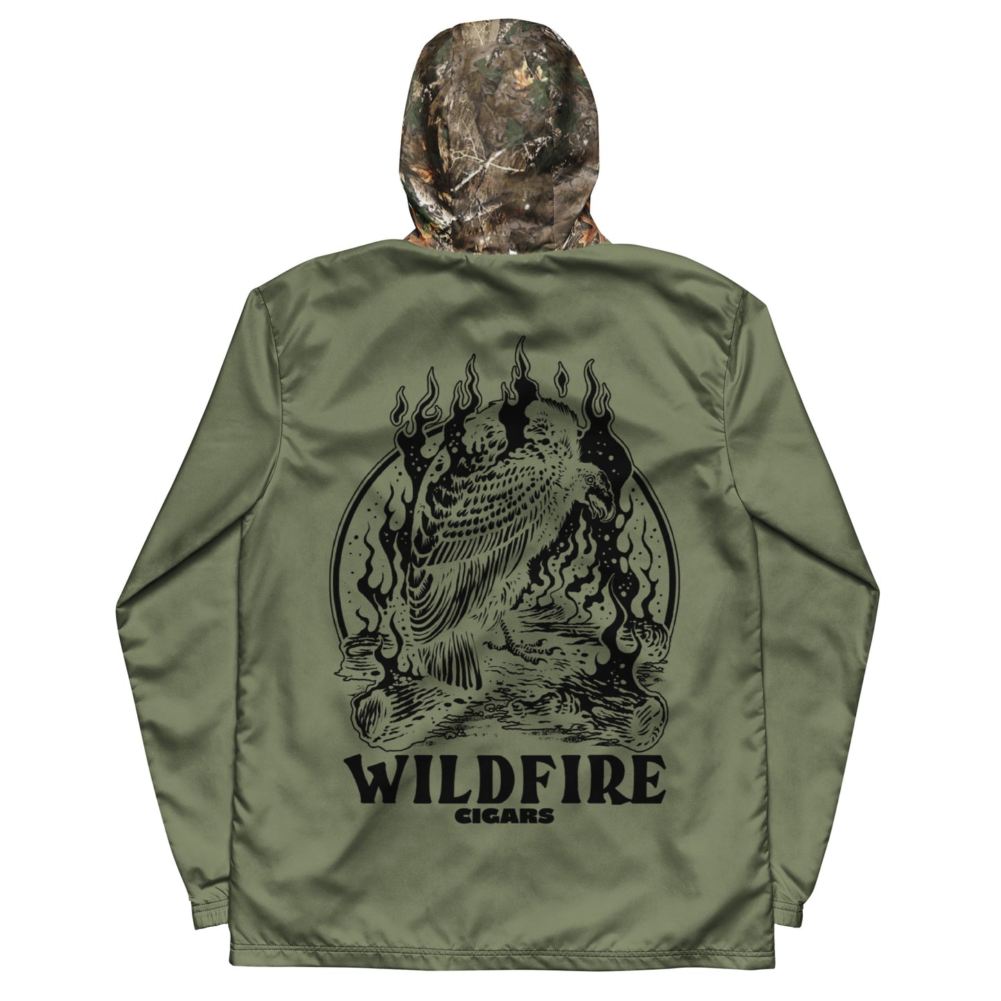 Wildfire Cigars Camouflage and green vulture windbreaker facing the back