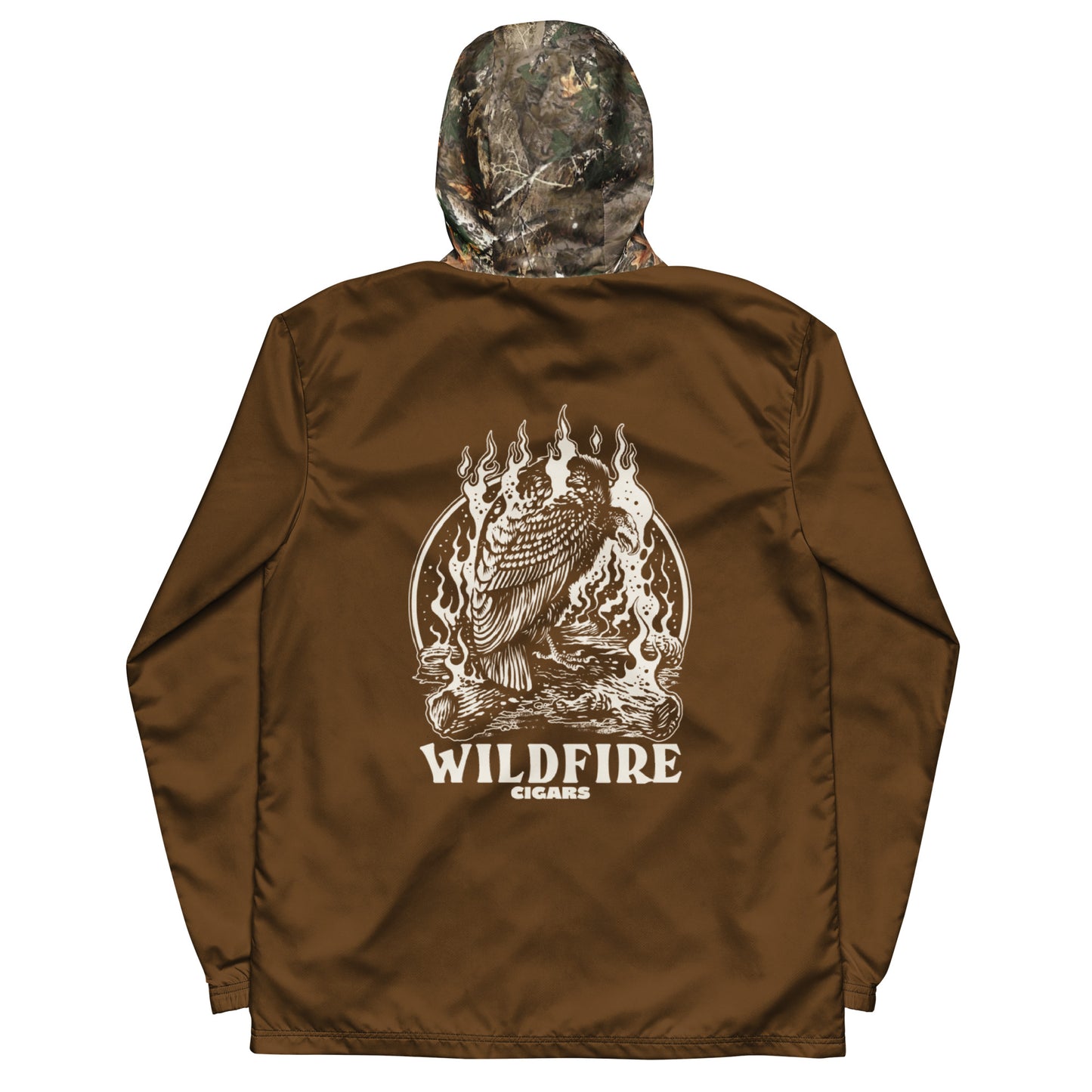 Wildfire Cigars Camouflage and brown vulture windbreaker facing the back