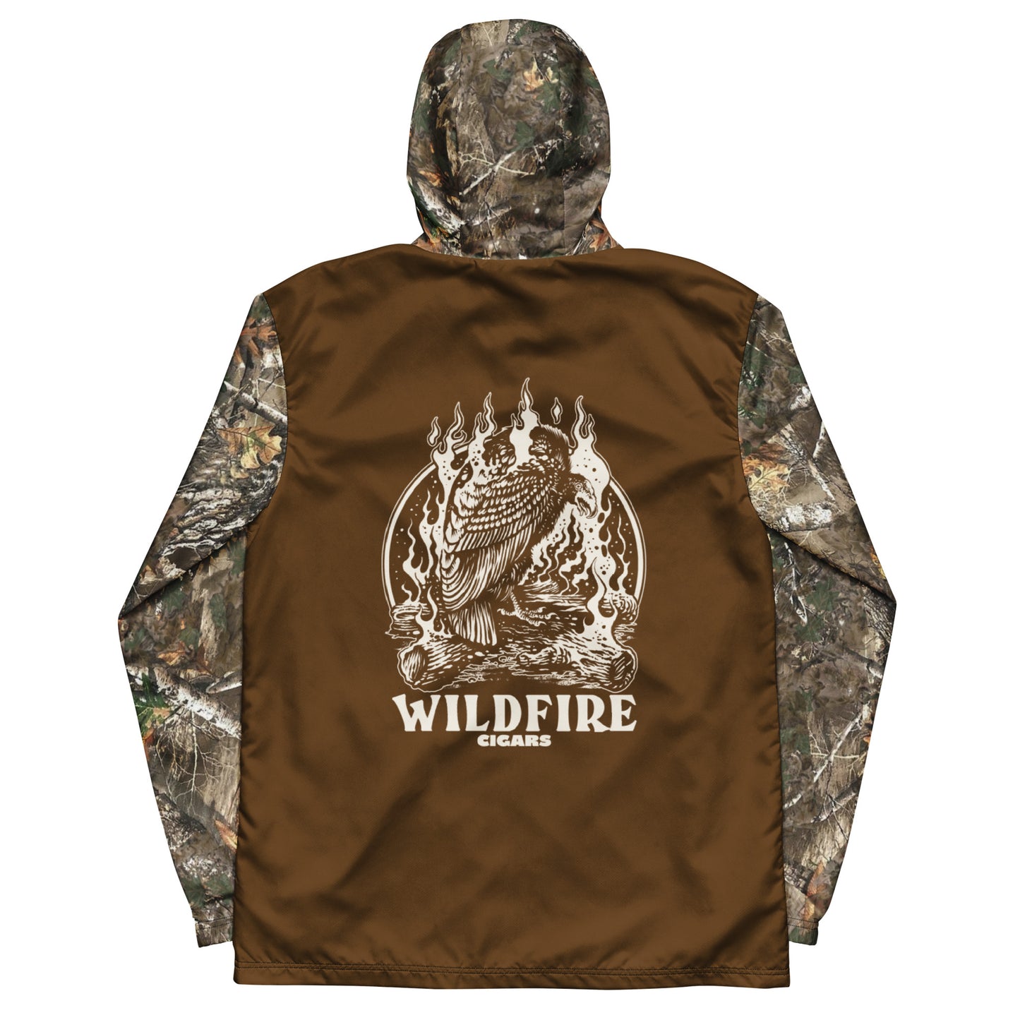 Wildfire Cigars Camouflage and brown vulture windbreaker facing the back