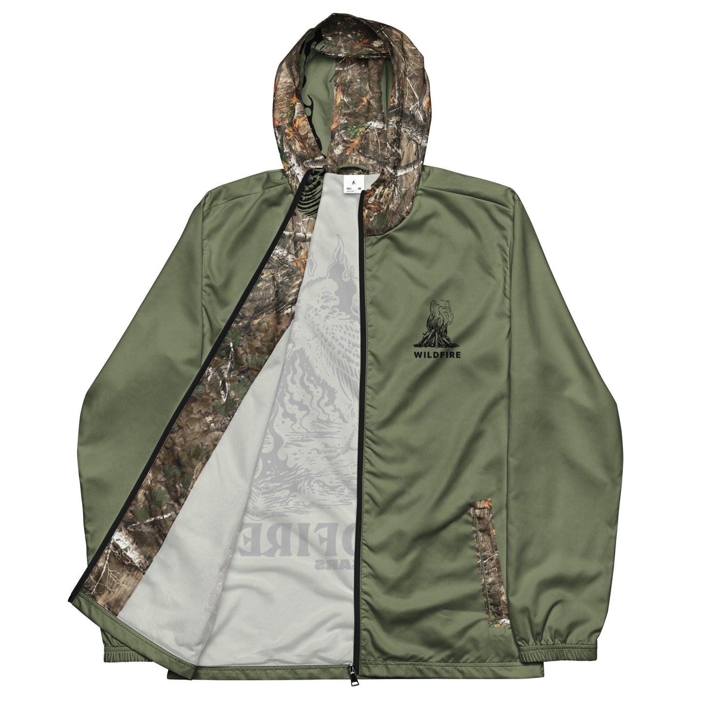 Wildfire Cigars Camouflage and green vulture windbreaker facing the front