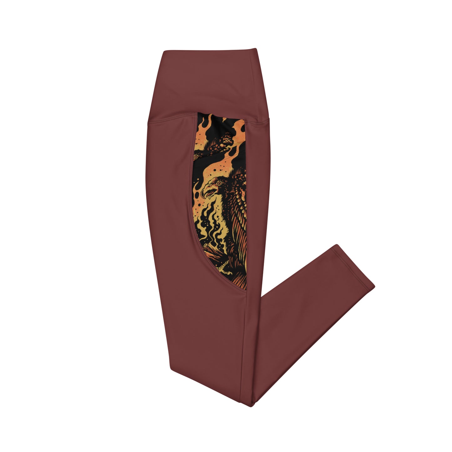 Wildfire Cigars Vulture recycled activewear leggings in maroon laying flat on the side with a pocket view