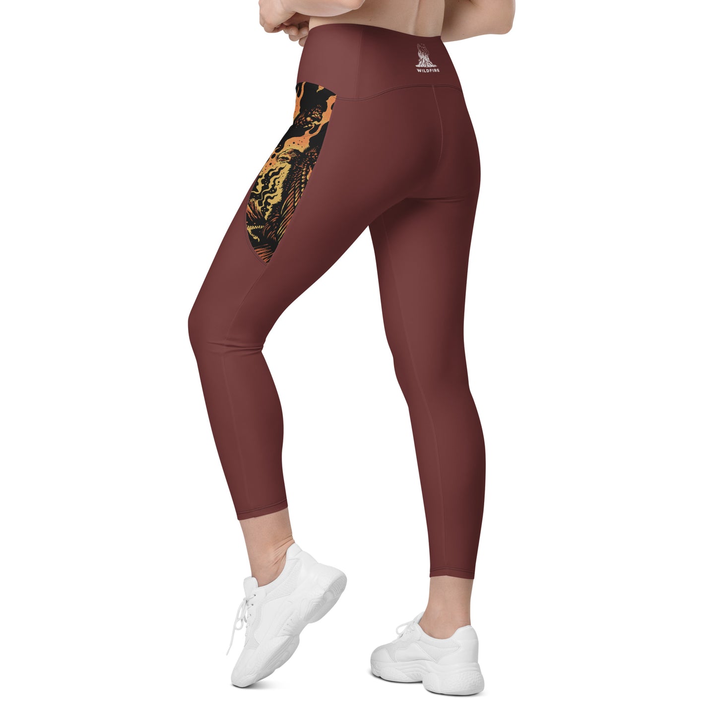 Wildfire Cigars Vulture recycled activewear leggings in maroon facing the back left
