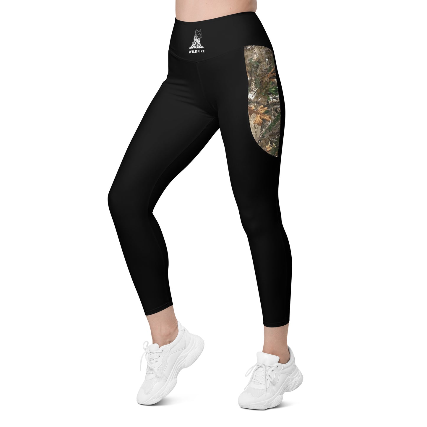Wildfire Cigars black and camouflage activewear legging facing the front left
