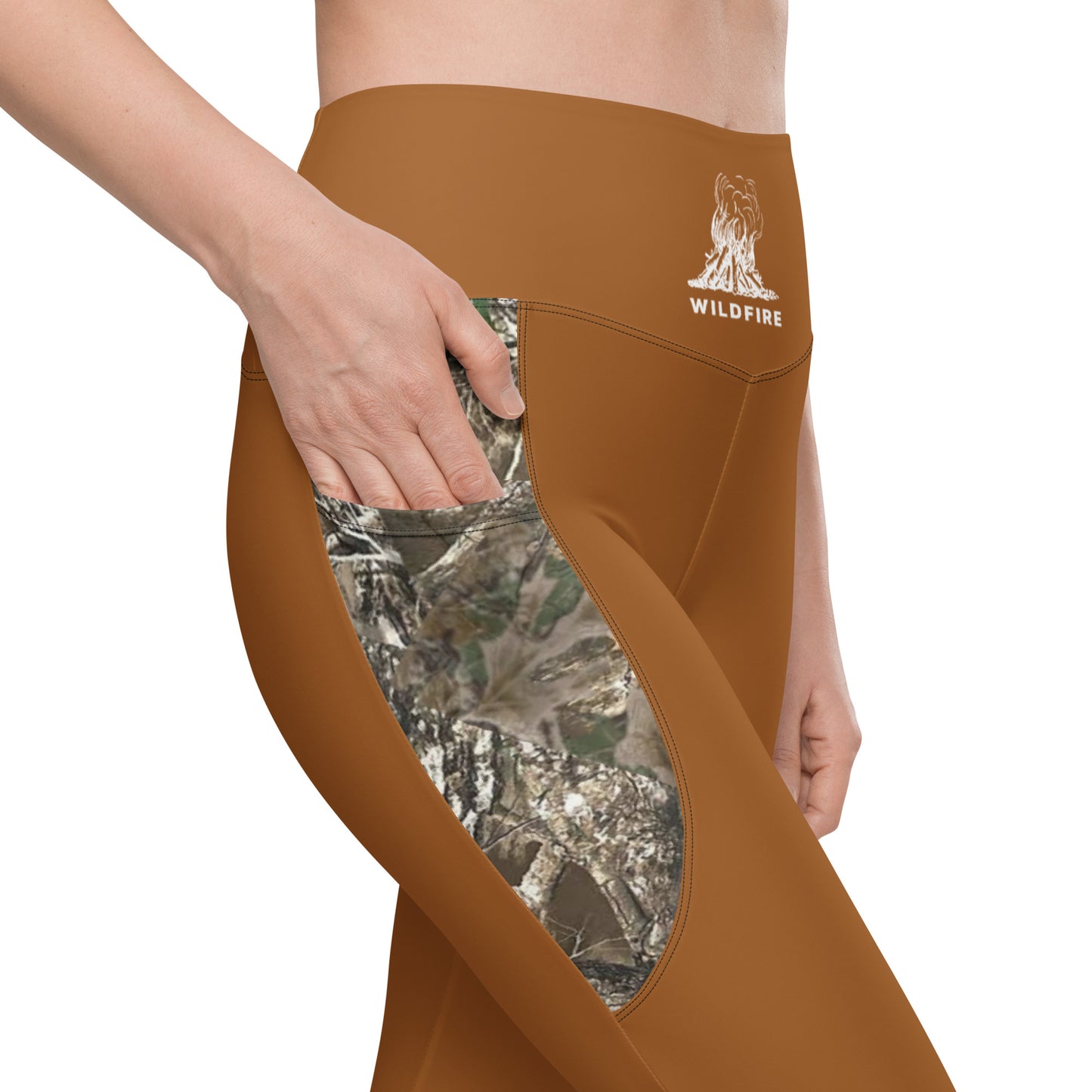 Wildfire Cigars Camel and Camouflage activewear leggings zoomed in on right pocket