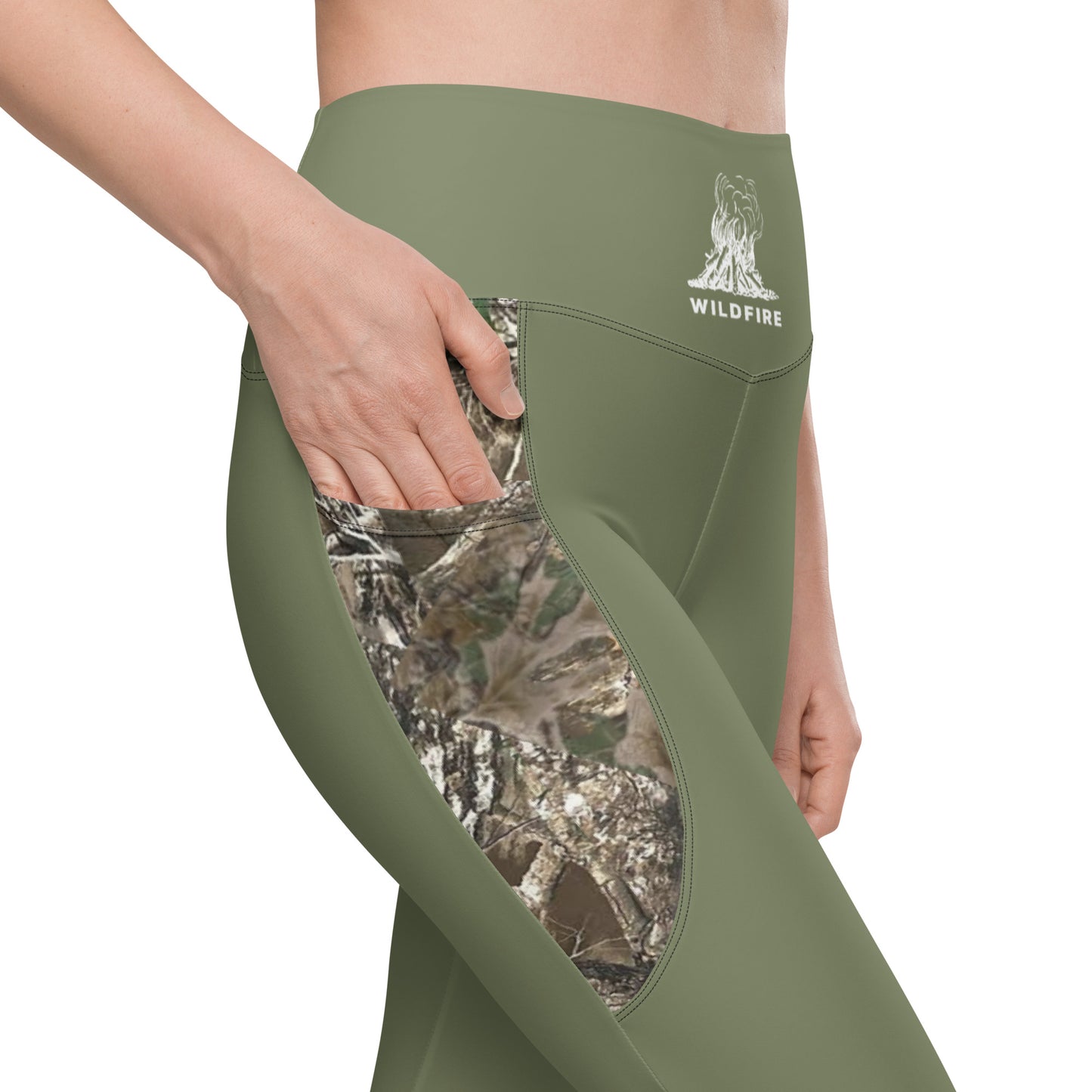 Wildfire Cigars green and camouflage activewear leggings zoomed in on right pocket