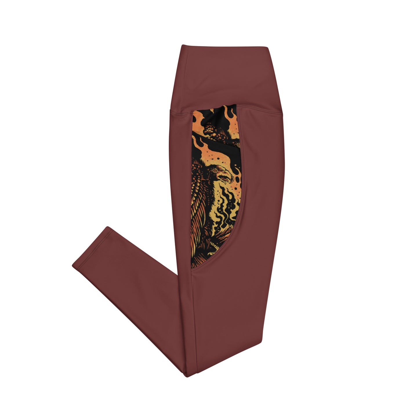 Wildfire Cigars Vulture recycled activewear leggings in maroon laying flat on the left side with a pocket view