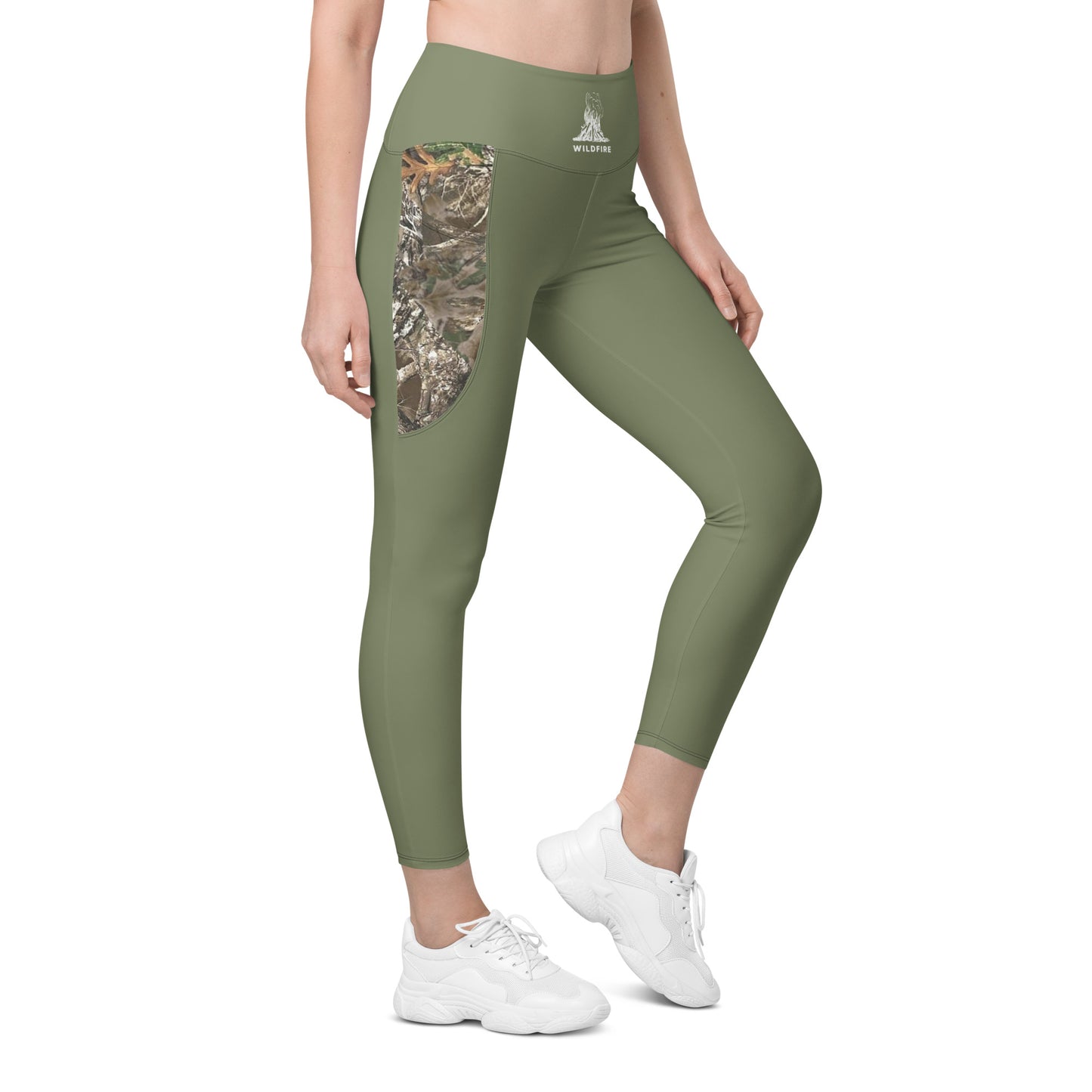 Wildfire Cigars green and camouflage activewear leggings facing the right front