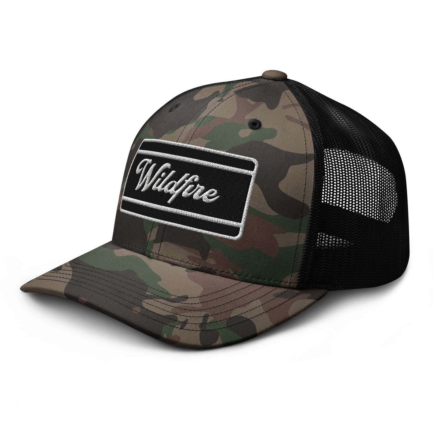 Wildfire Cigars Camouflage trucker hat facing front angled to the left