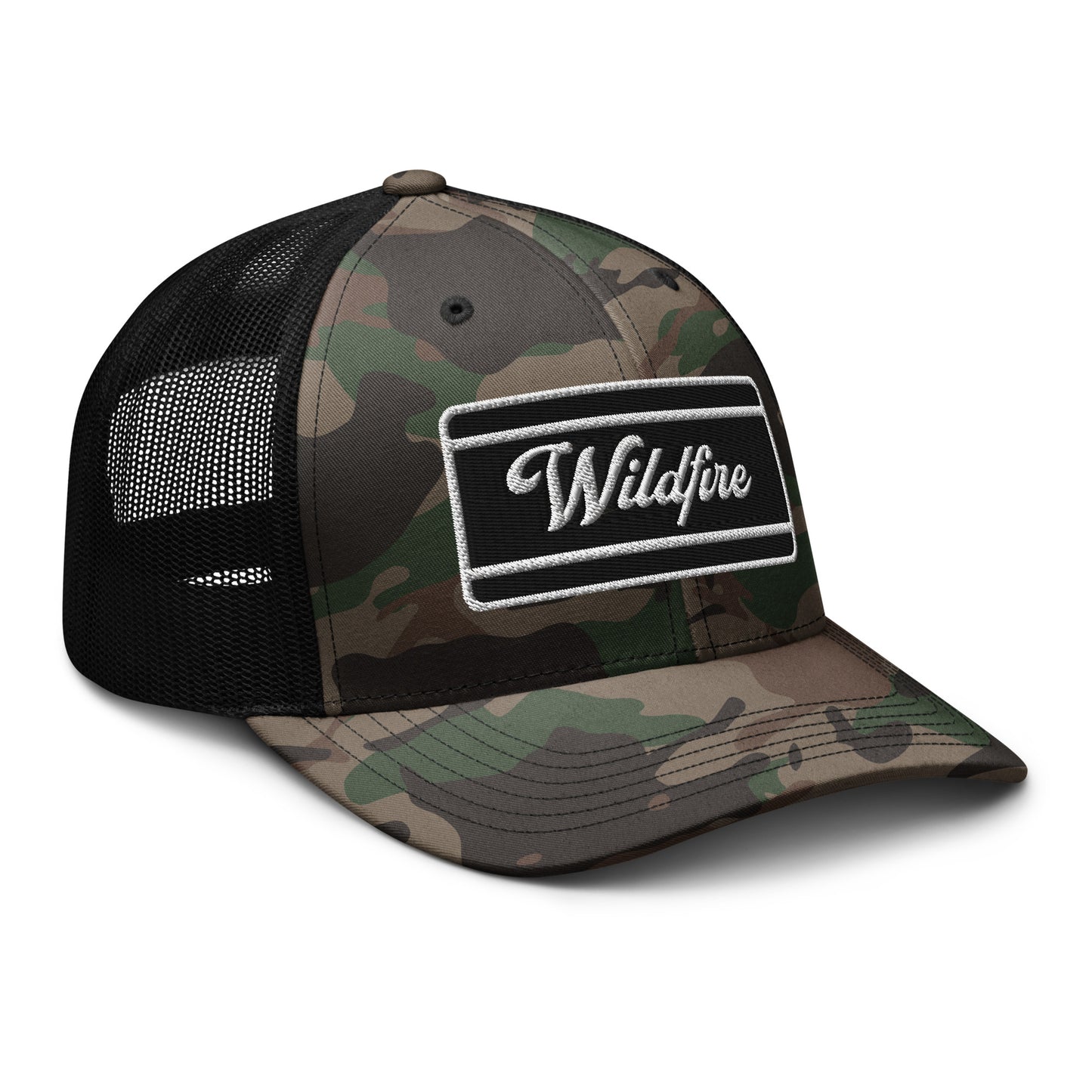 Wildfire Cigars Camouflage Trucker Hat facing front angled to the right