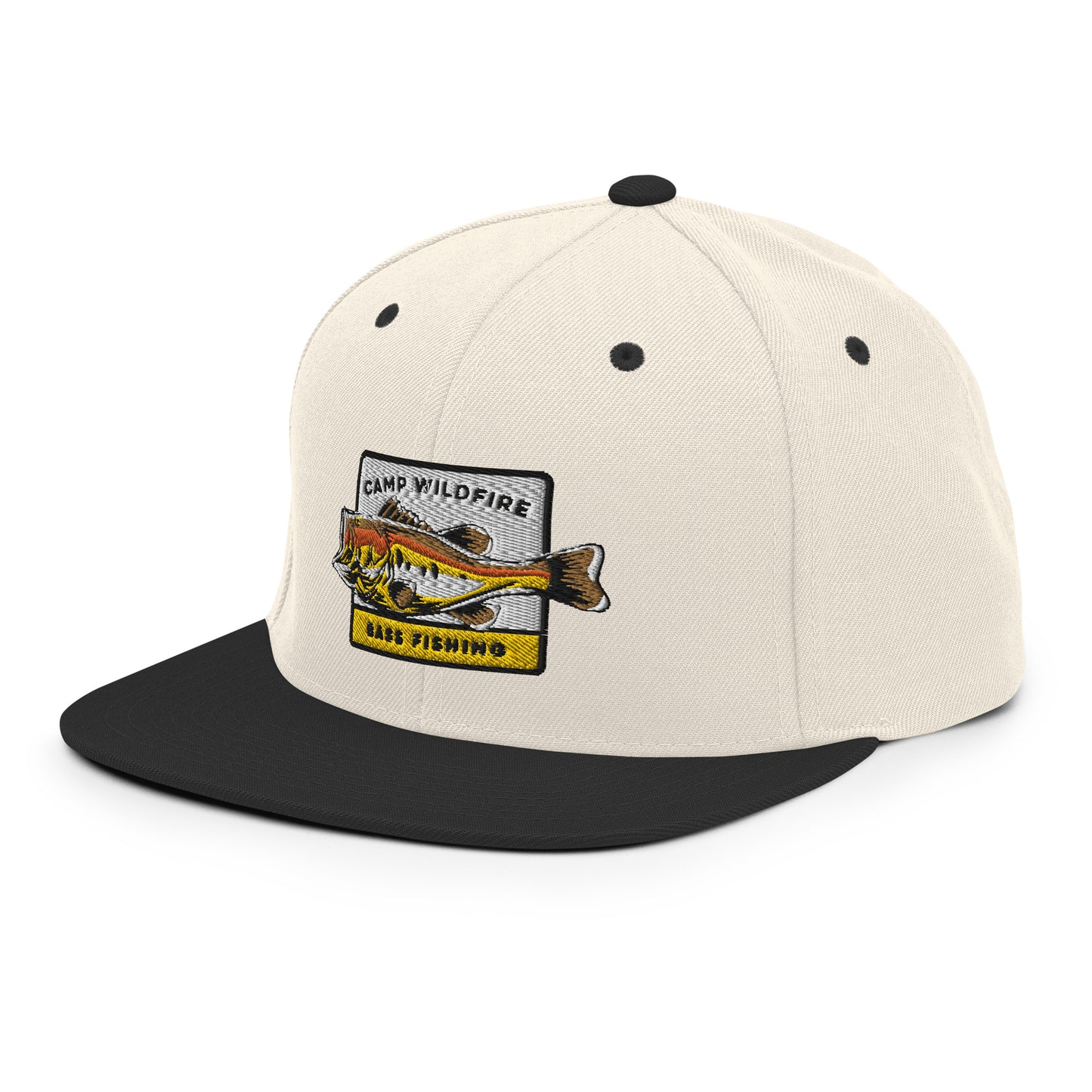 Wildfire Cigars Camp Wildfire Bass Fishing, embroidered, cream and black, snapback cigar hat, facing the front left