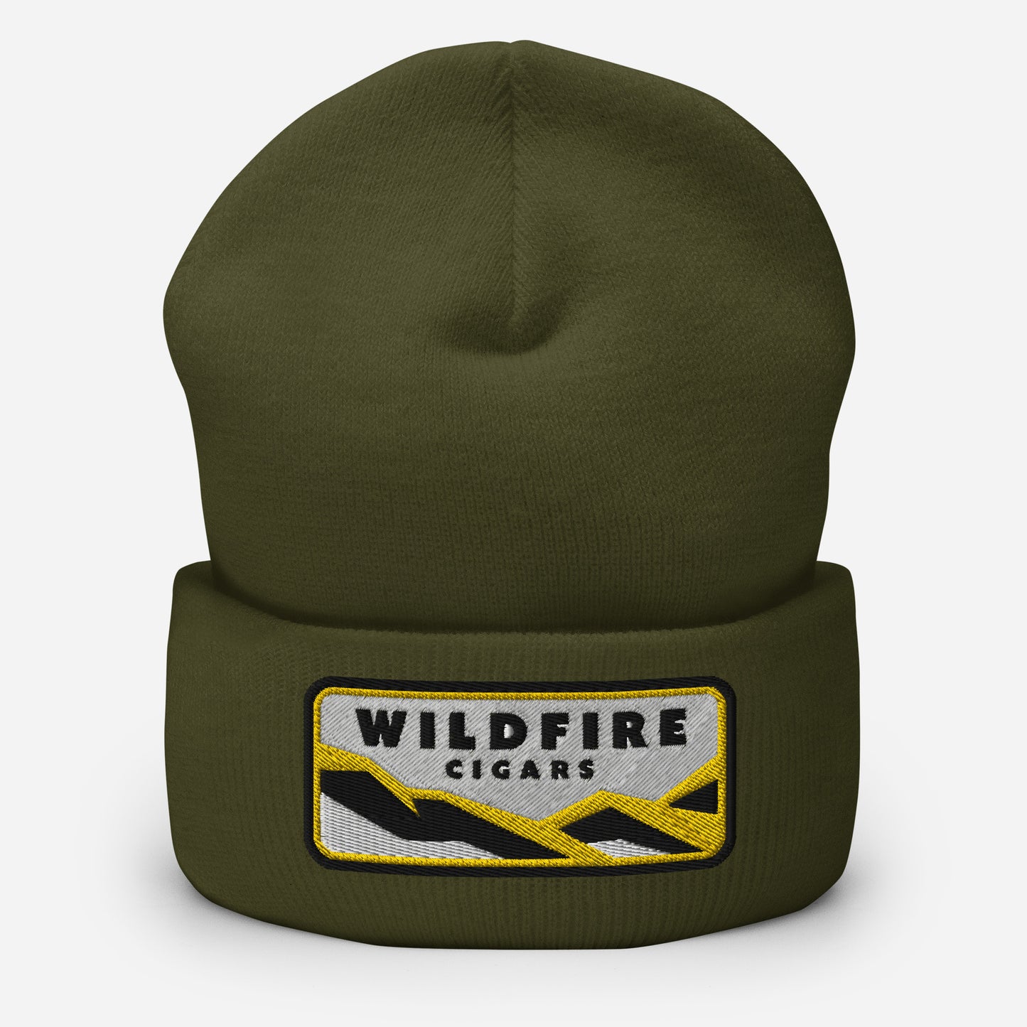 Wildfire Cigars embroidered cuffed beanie in olive from the front