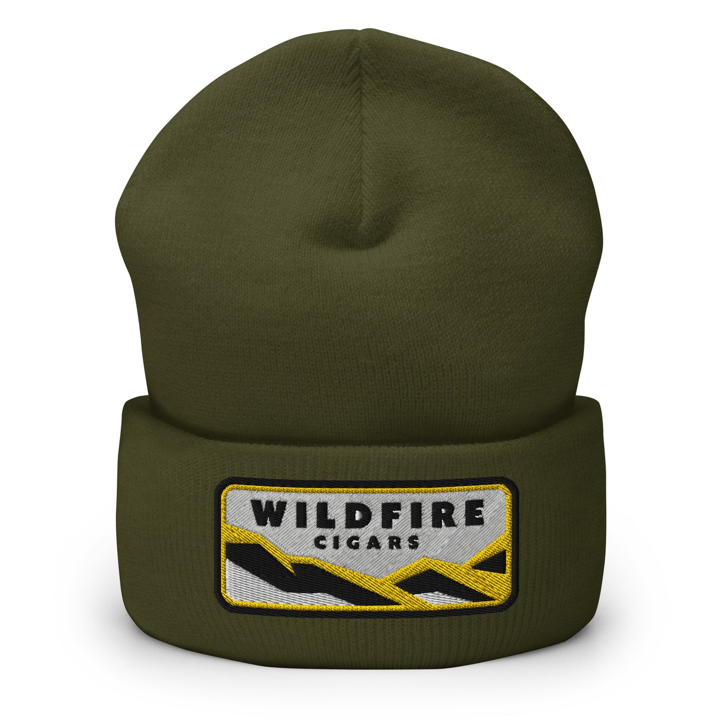 Wildfire Cigars embroidered cuffed beanie in olive from the front