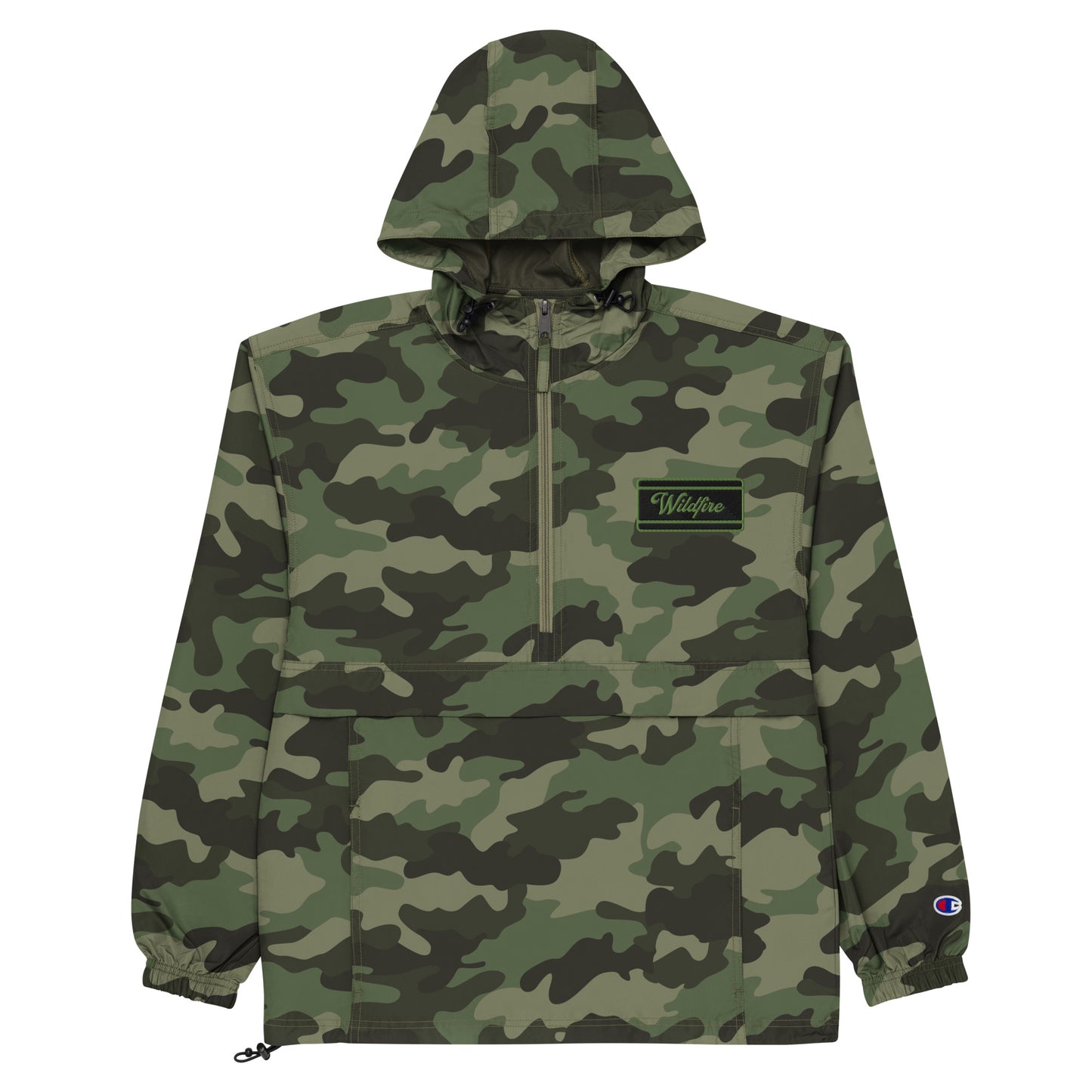 Wildfire Cigars embroidered camouflage packable jacket facing the front