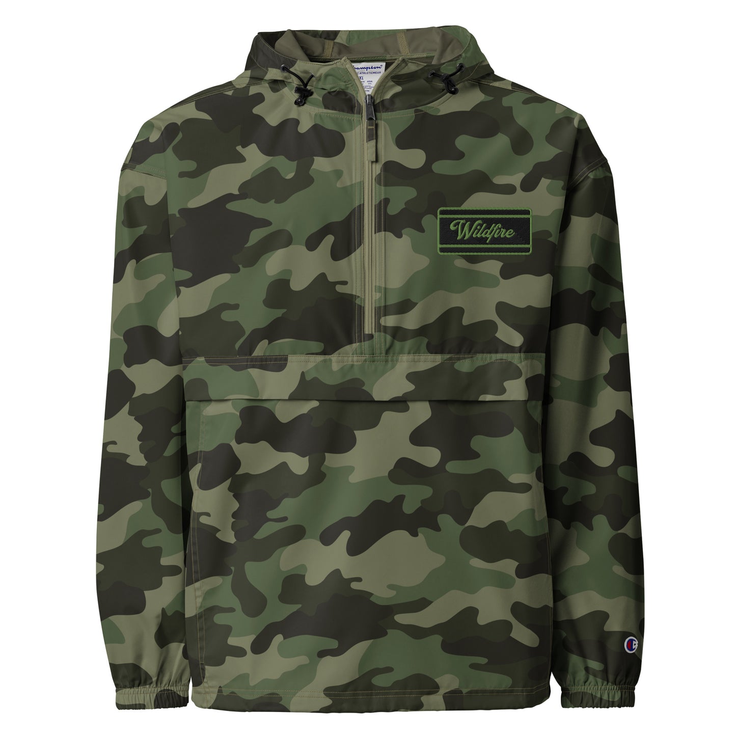 Wildfire Cigars embroidered camouflage packable jacket facing the front