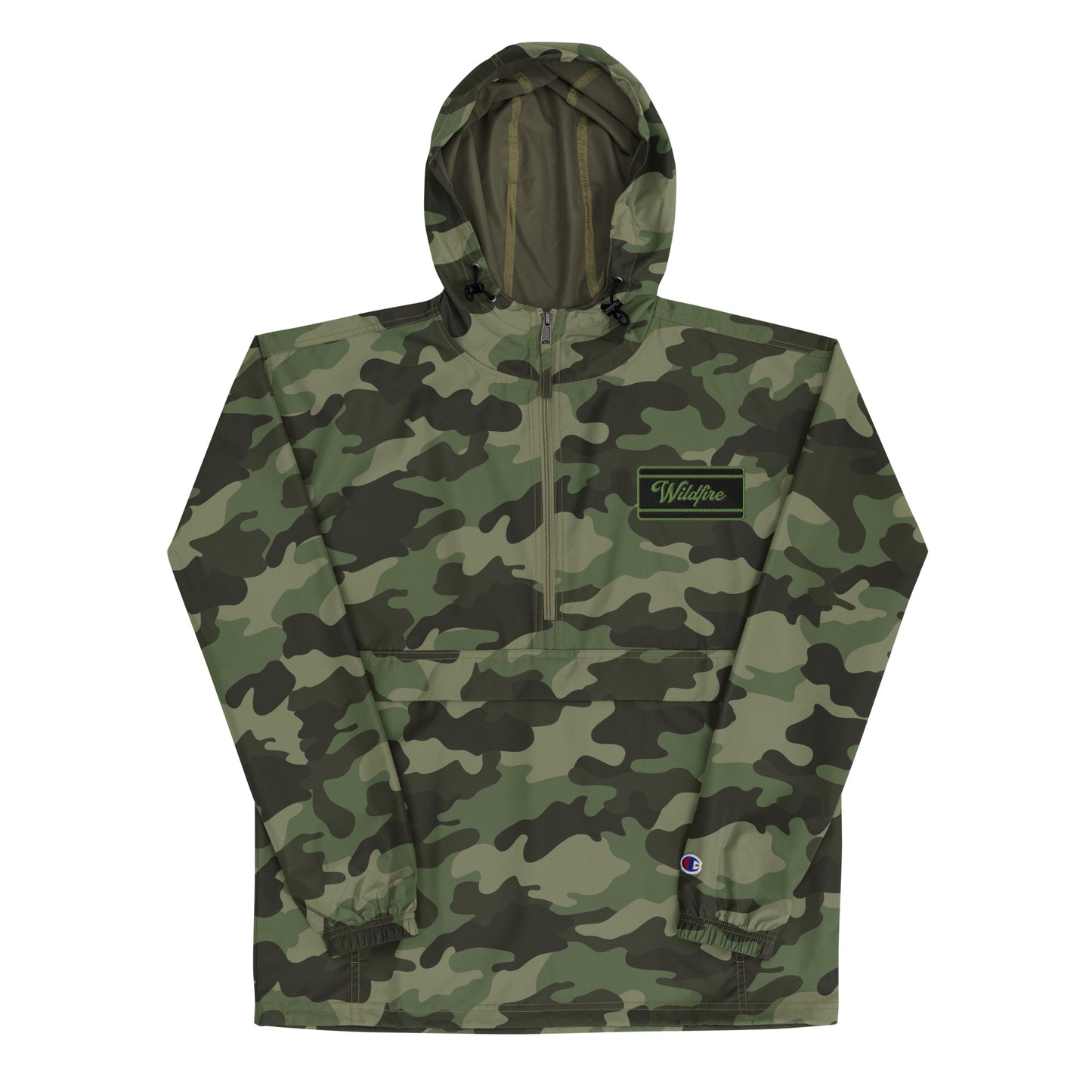 Wildfire Cigars embroidered camouflage packable jacket laying flat