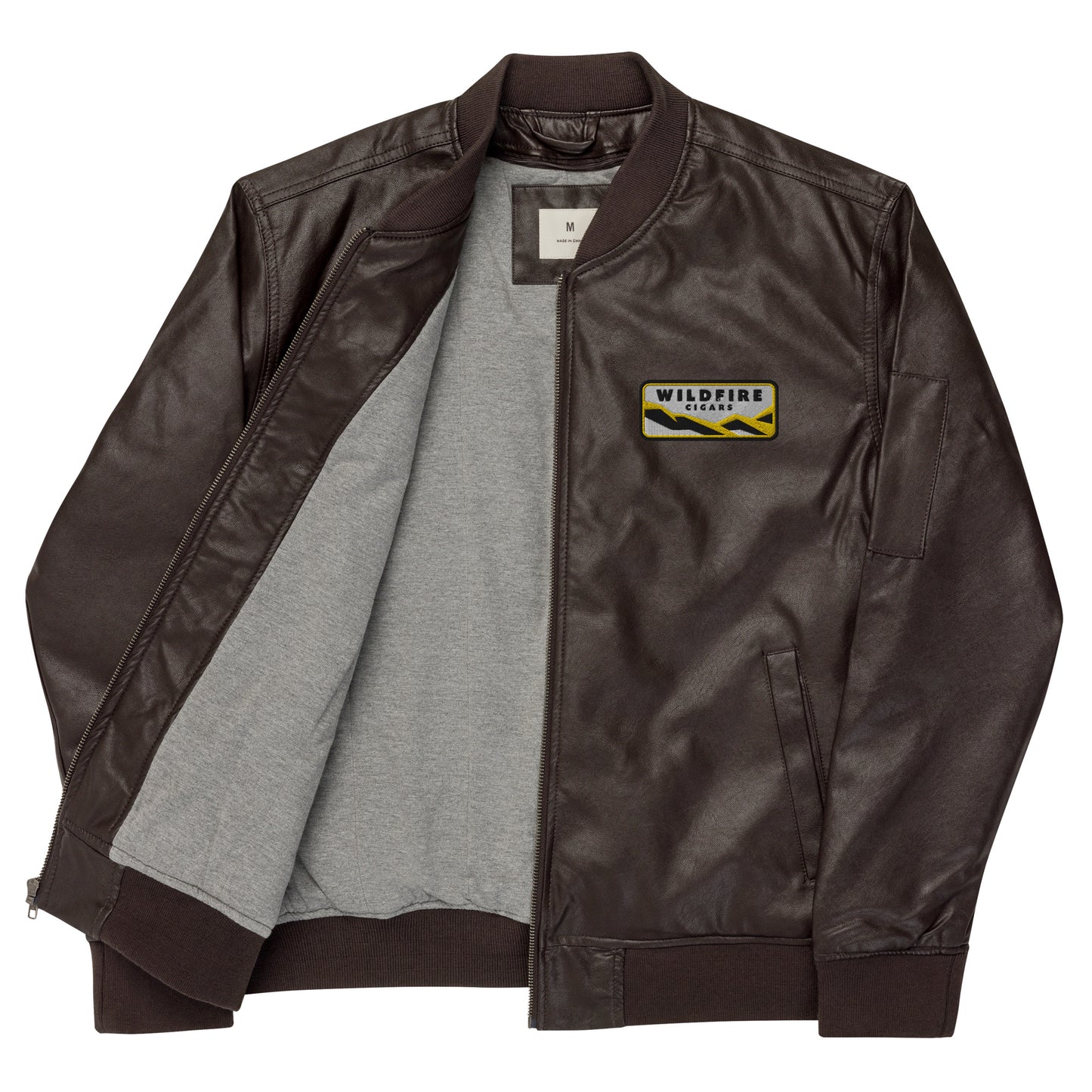 Wildfire Cigars embroidered faux leather bomber jacket in brown facing the front