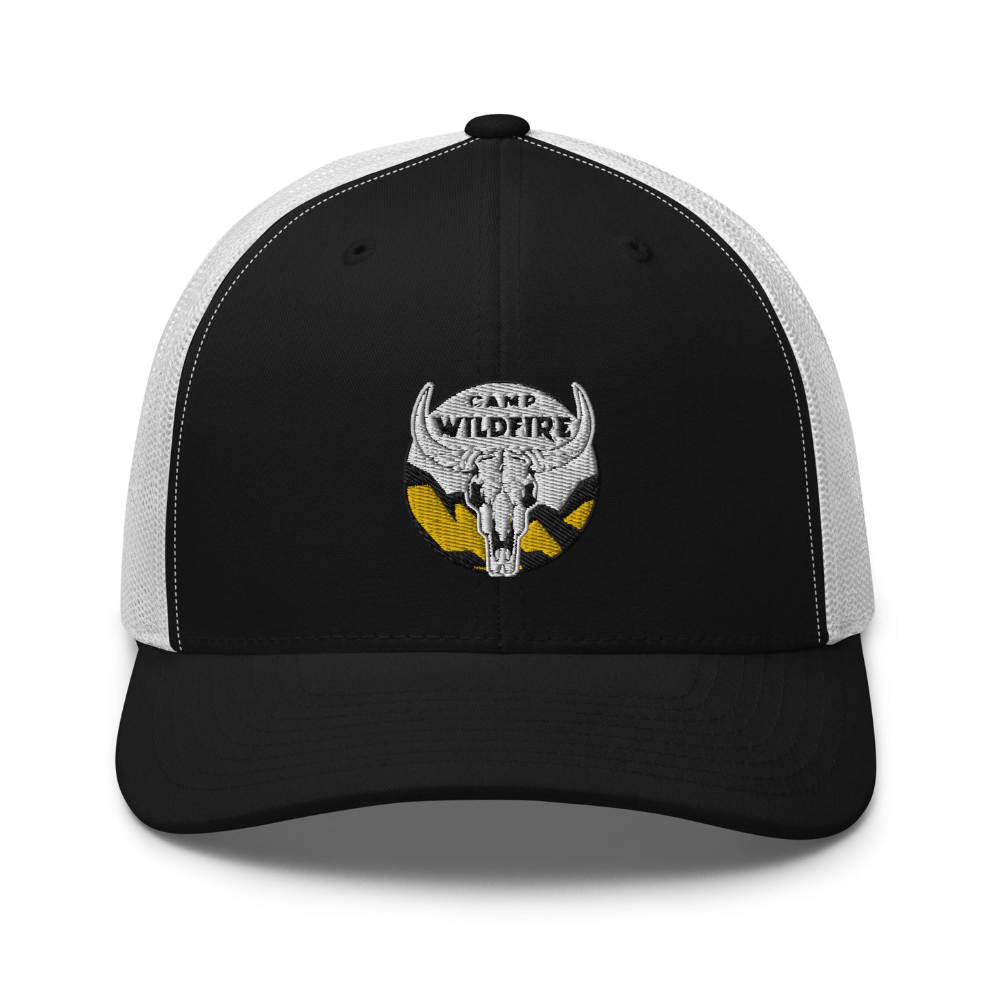 Wildfire Cigars embroidered bison skull retro trucker in black and white facing front