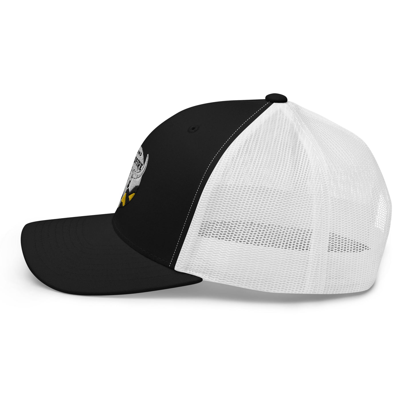 Wildfire Cigars embroidered bison skull retro trucker in black and white facing left
