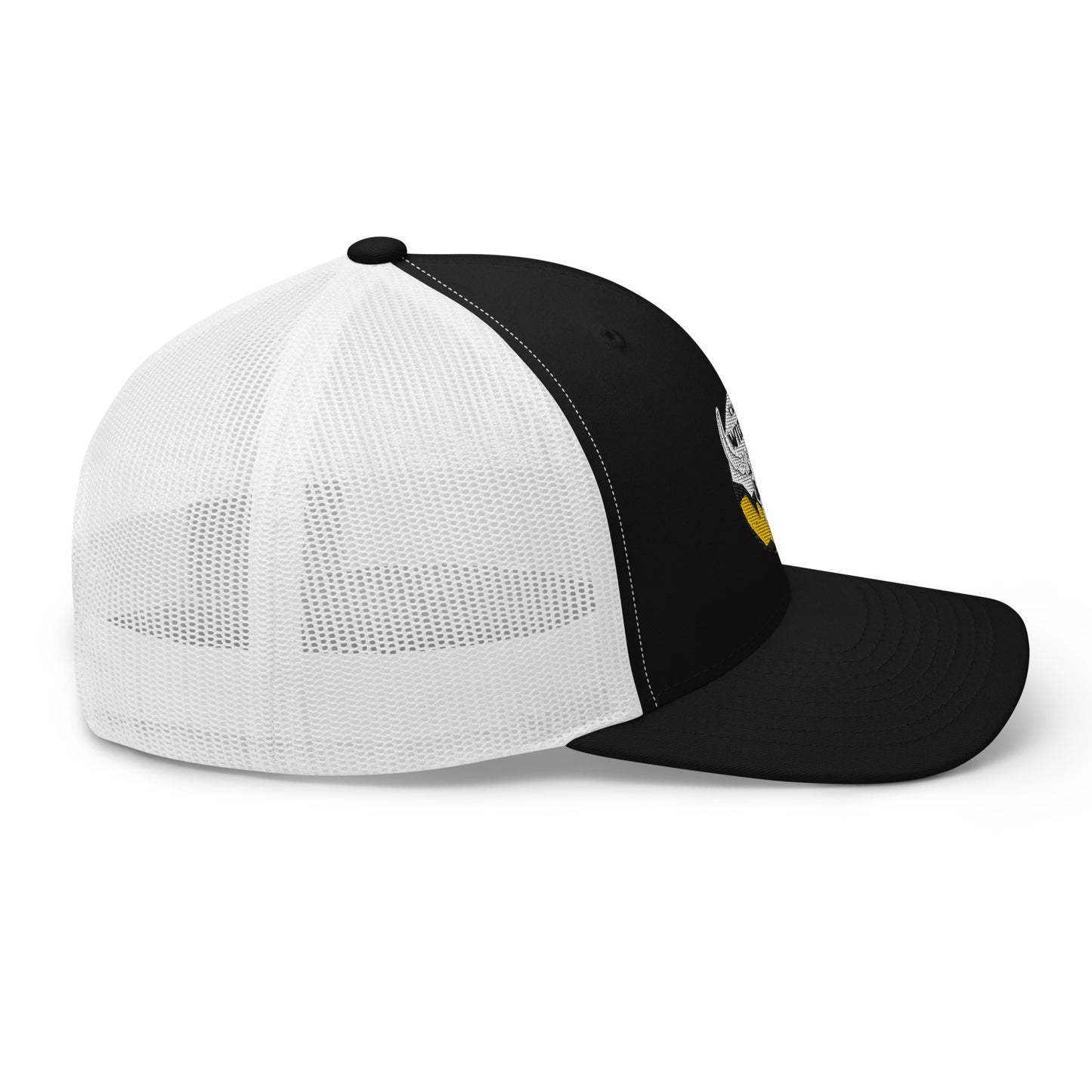 Wildfire Cigars embroidered bison skull retro trucker in black and white facing right