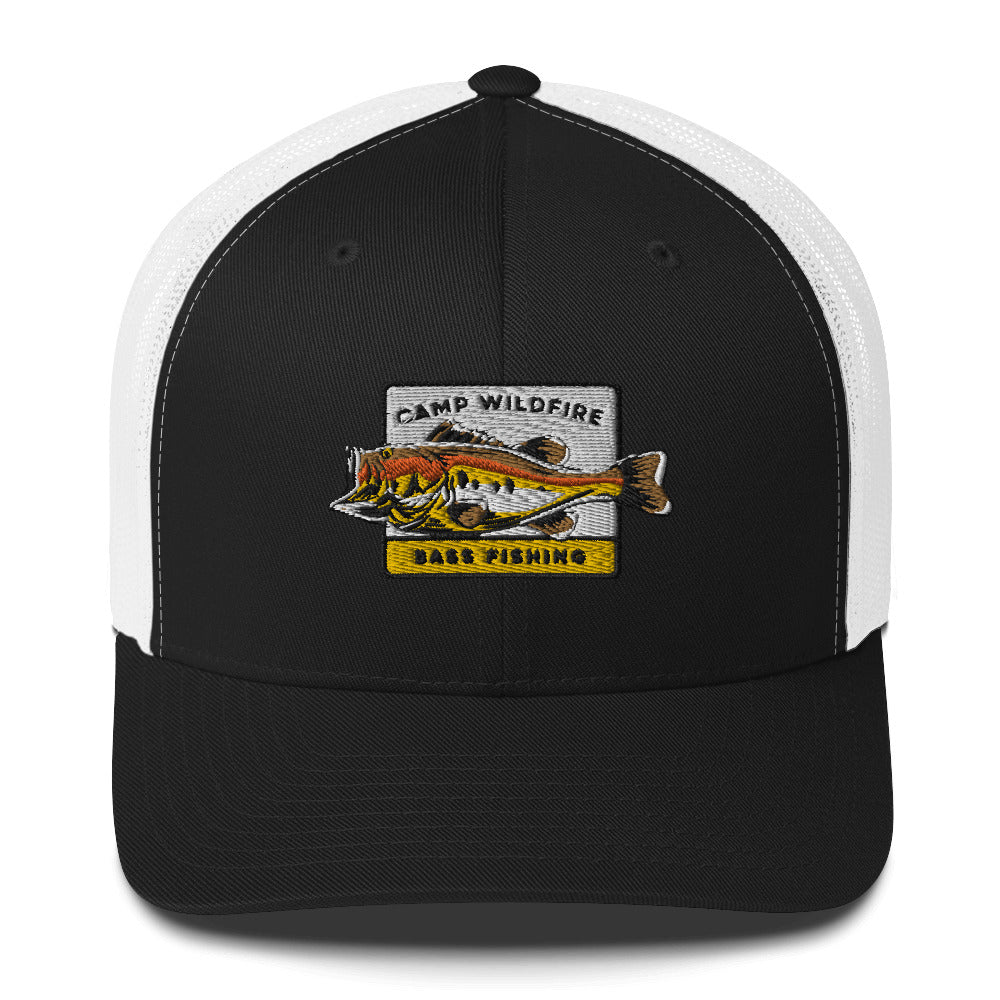 Wildfire Cigars embroidered Camp Wildfire Bass Fishing retro black and white trucker hat front view