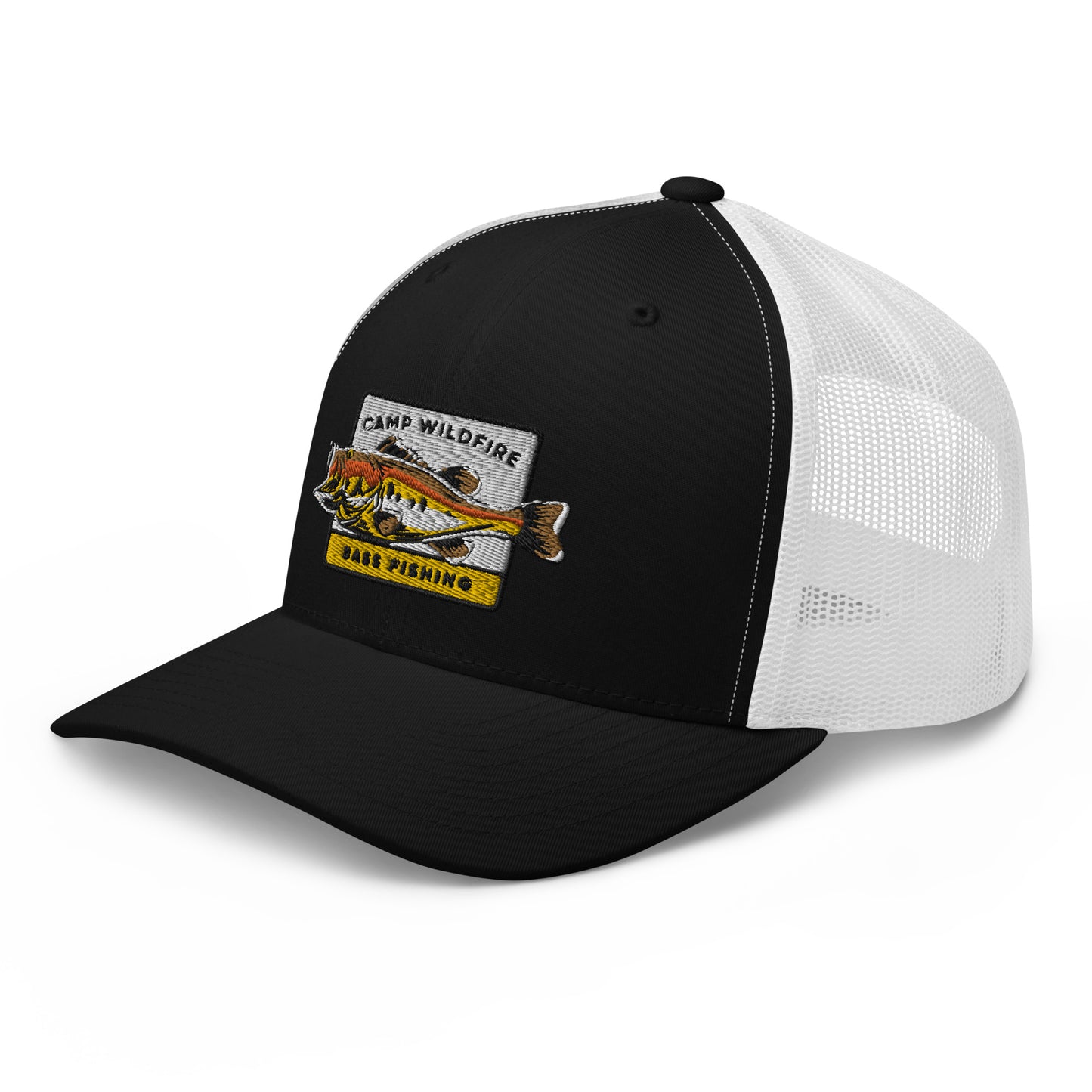 Wildfire Cigars embroidered Camp Wildfire Bass Fishing retro black and white trucker hat front left view