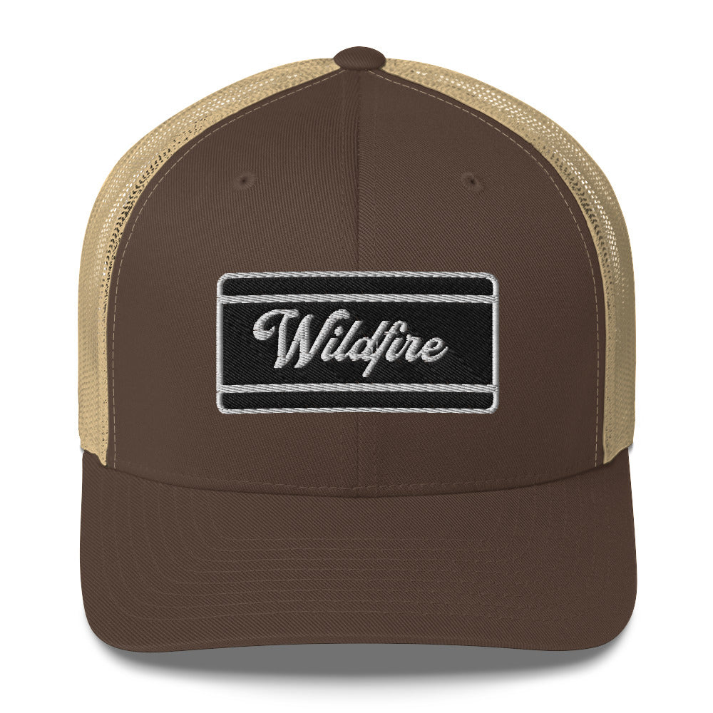 Wildfire Cigars embroidered trucker hat in brown and khaki facing the front
