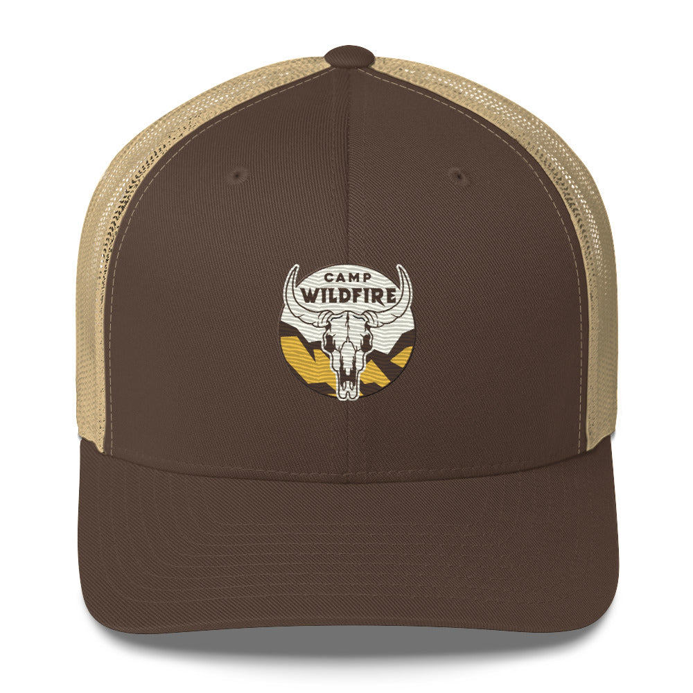 Wildfire Cigars embroidered bison skull retro trucker hat in brown and khaki front view