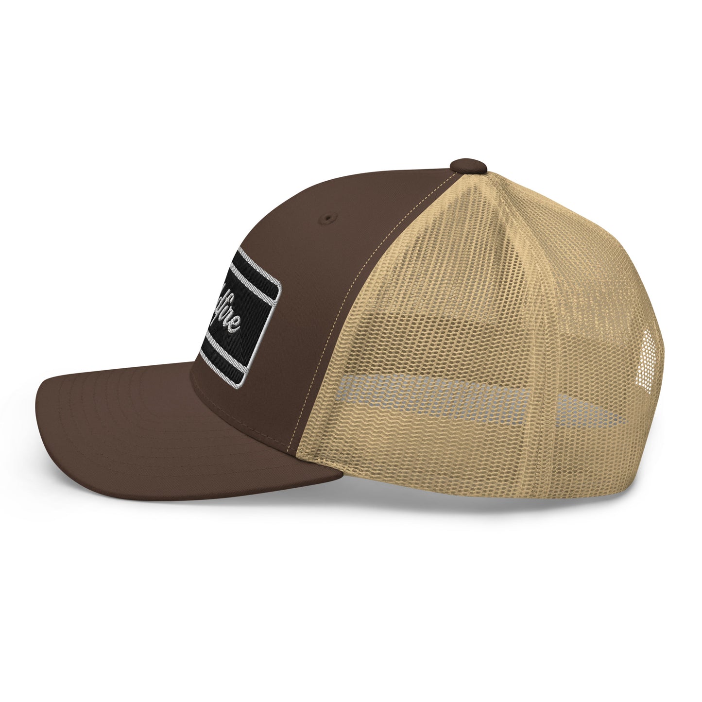 Wildfire Cigars embroidered retro trucker hat in brown and khaki facing left