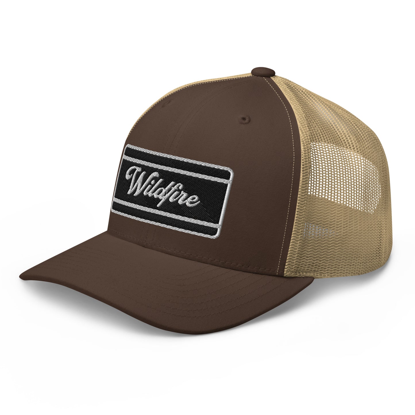 Wildfire Cigars embroidered retro trucker hat in brown and khaki facing at a left front angle