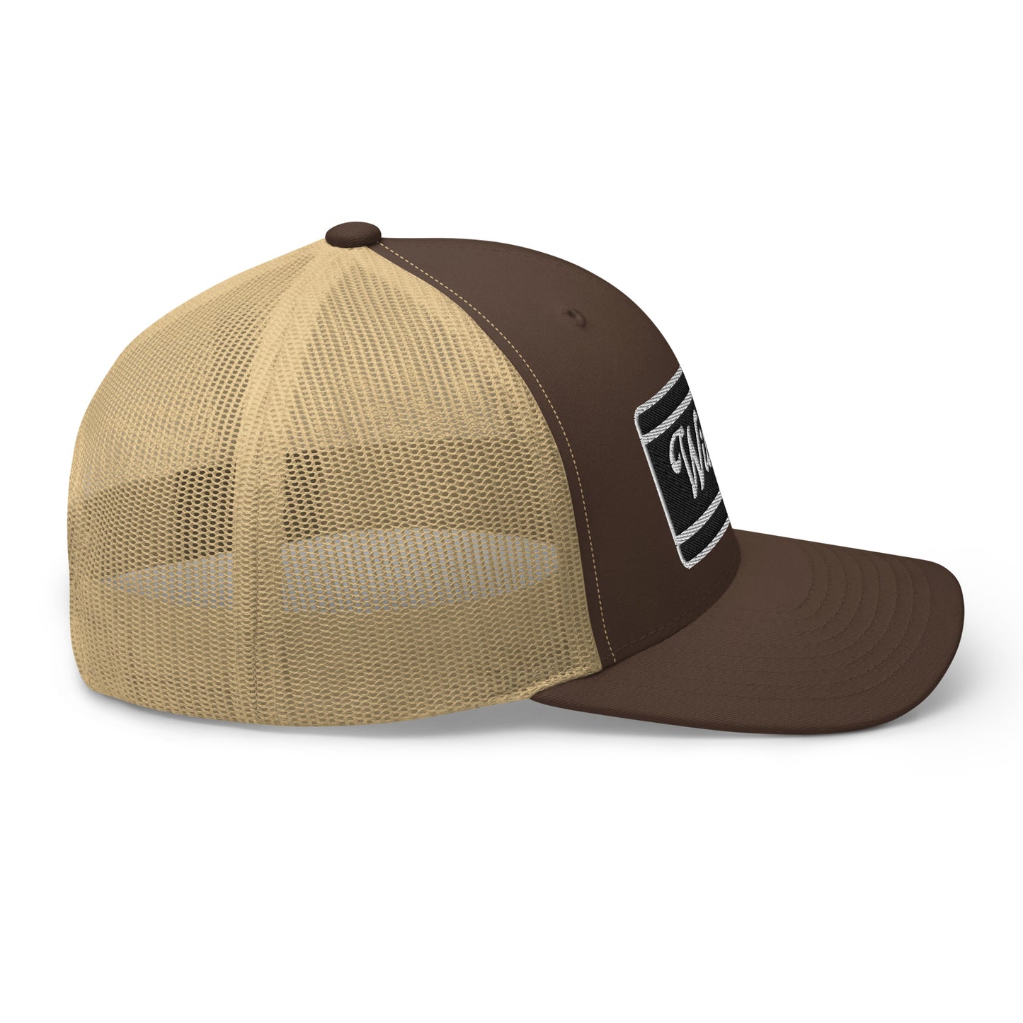 Wildfire Cigars embroidered retro trucker hat in brown and khaki facing right