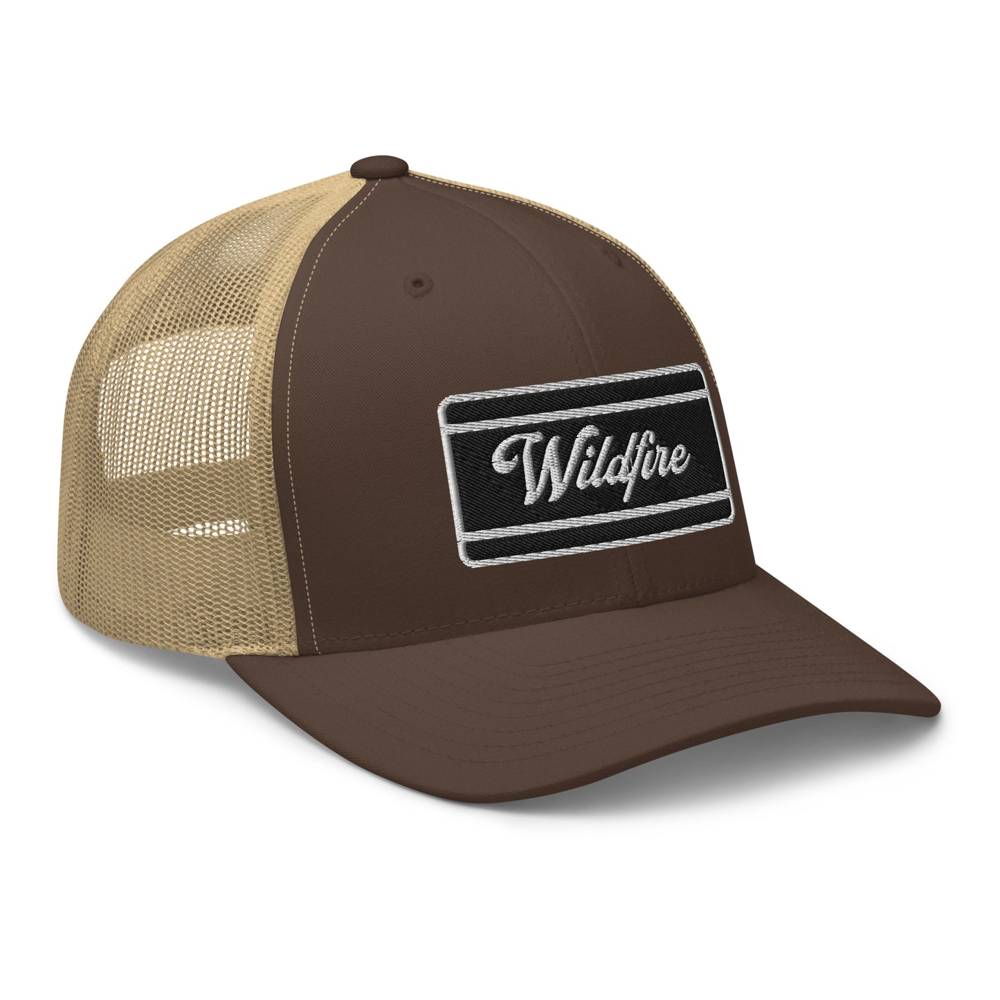 Wildfire Cigars embroidered retro trucker hat in brown and khaki facing the right front