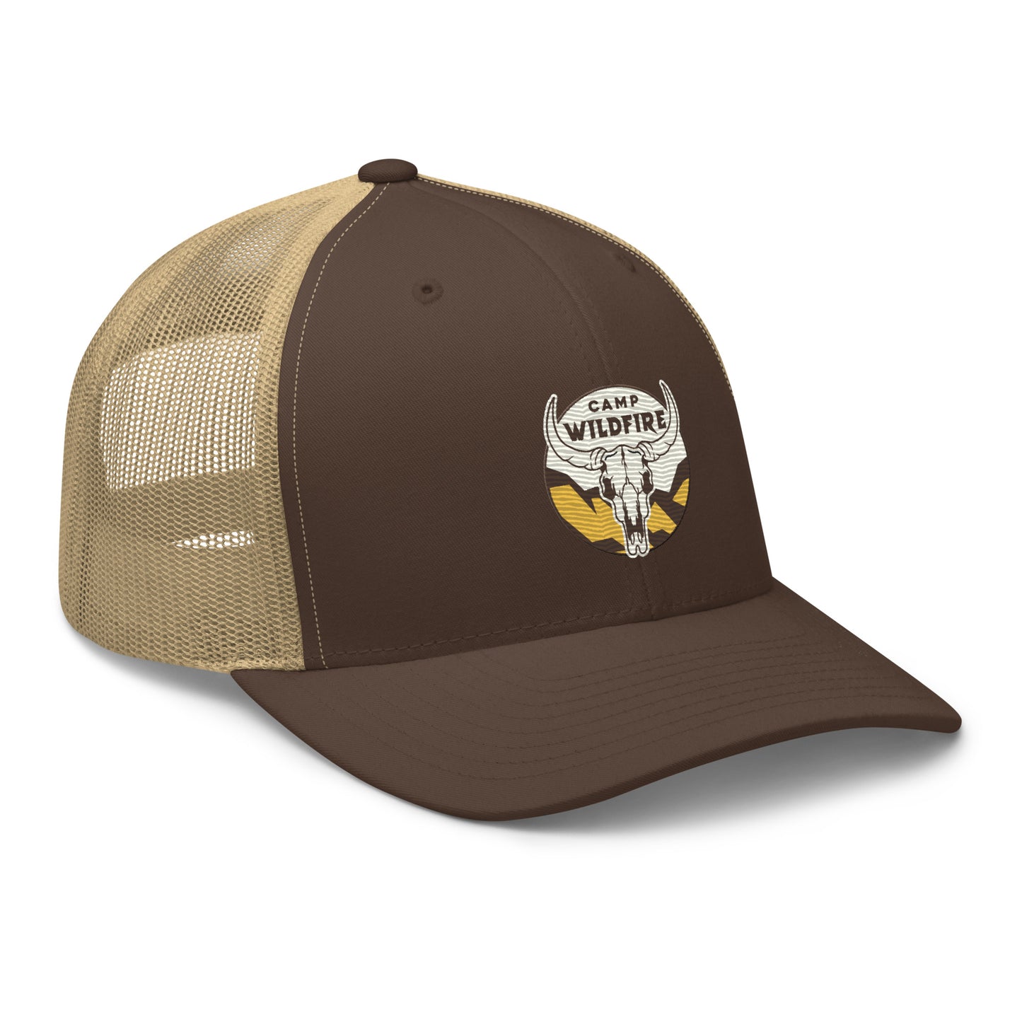 Wildfire Cigars embroidered bison skull retro trucker hat in brown and khaki front right view