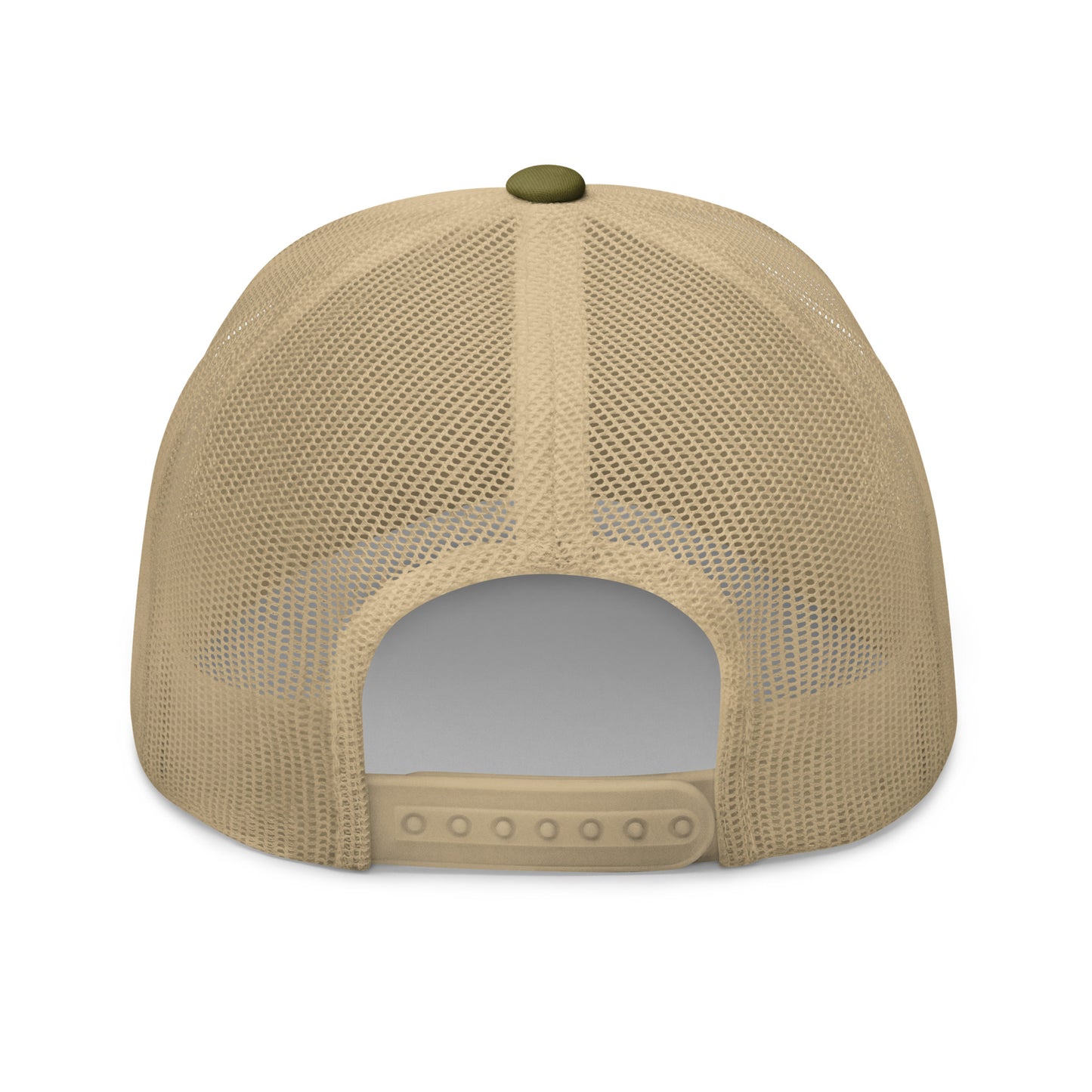 Wildfire Cigars embroidered bison skull retro trucker hat in green and khaki back view