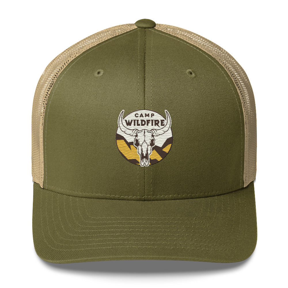 Wildfire Cigars embroidered bison skull retro trucker hat in green and khaki front view