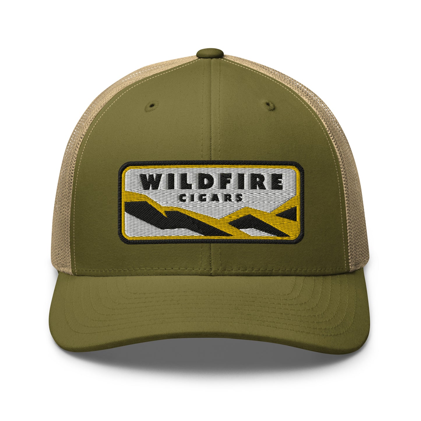 Wildfire Cigars embroidered retro trucker hat in moss and khaki facing the front