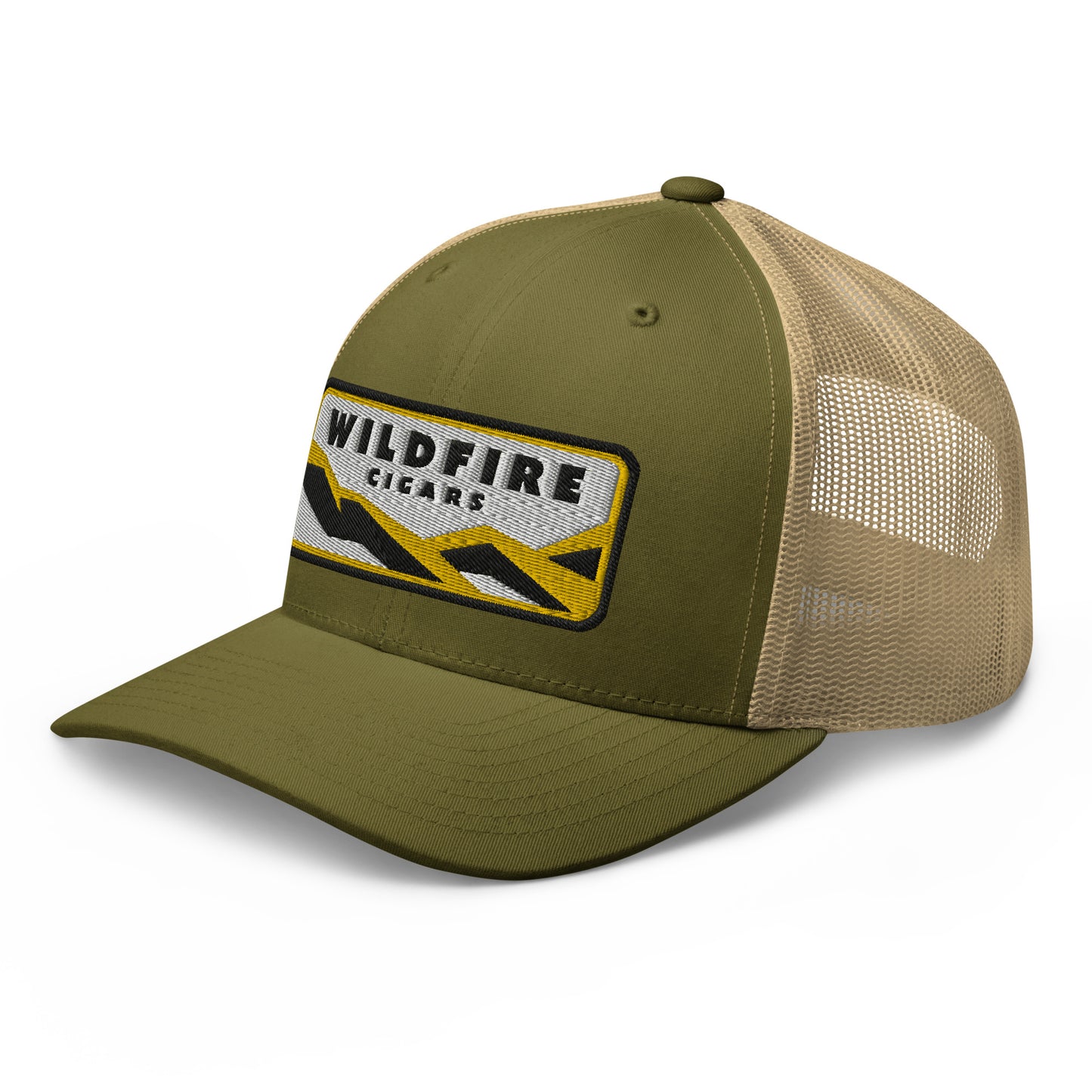Wildfire CIgars reto trucker hat in moss and khaki facing the front from a left angle