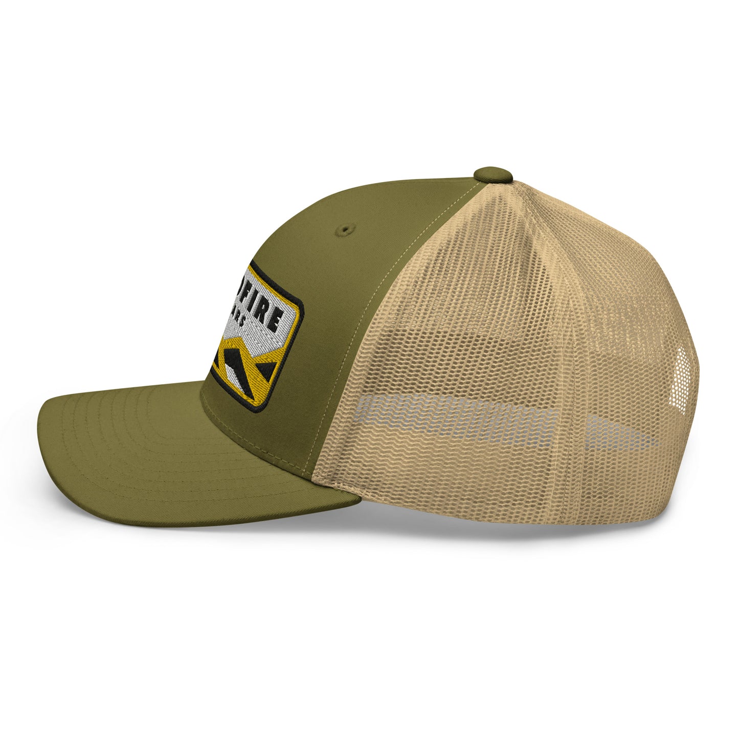 Wildfire Cigars retro trucker hat in moss and khaki facing the left