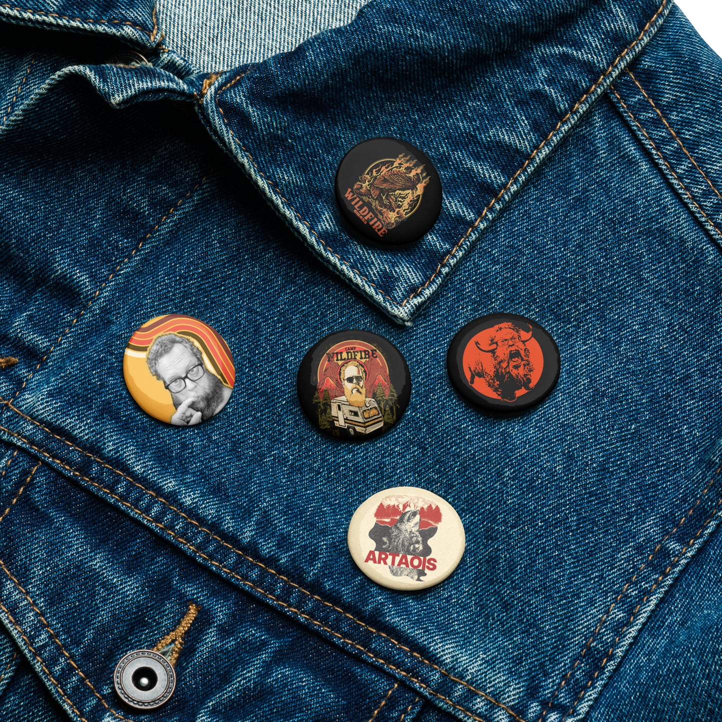 Wildfire Cigars, cigar accessories, set of pins on denim jacket