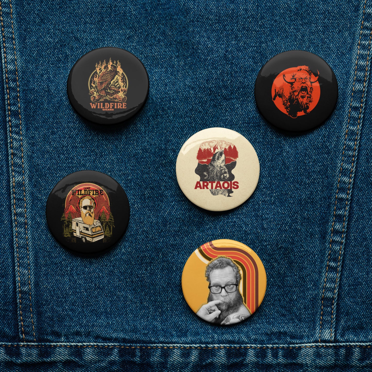 Wildfire Cigars set of cigar pins on denim jacket