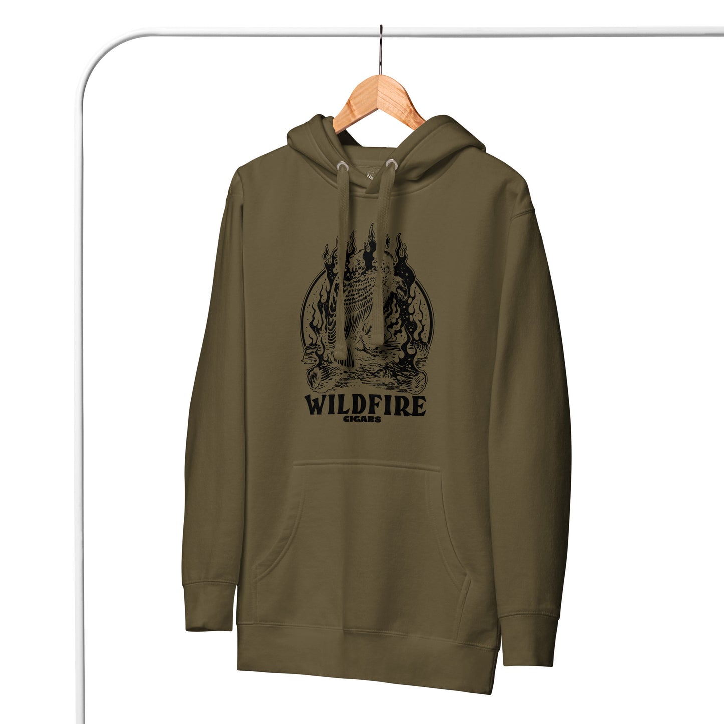 Wildfire Cigars Vulture on military green premium cigar hoodie hanging