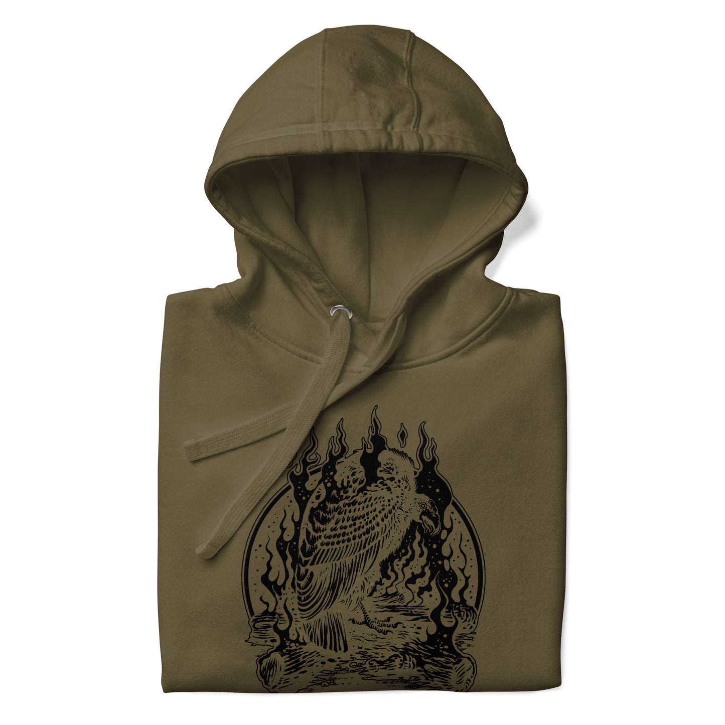 Wildfire Cigars Vulture on military green premium cigar hoodie folded