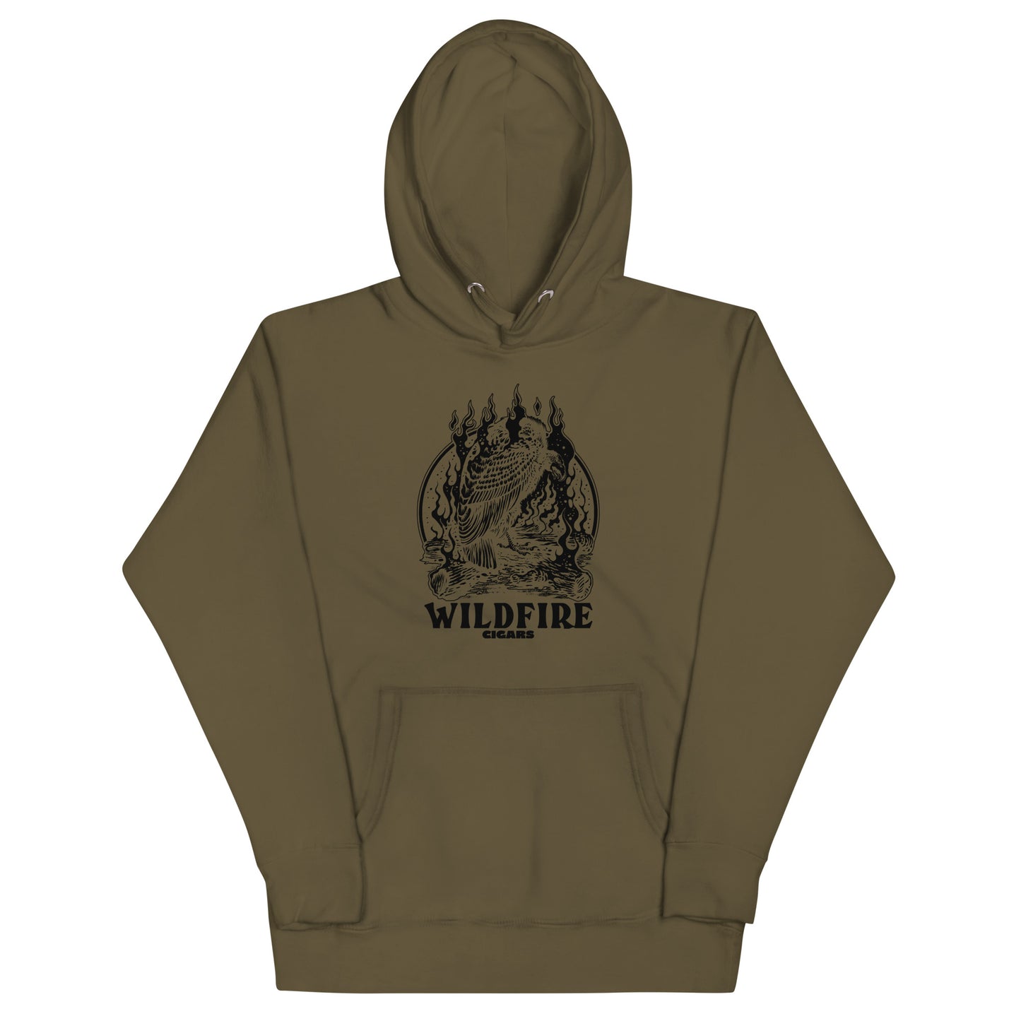 Wildfire Cigars Vulture on military green premium cigar hoodie facing the front
