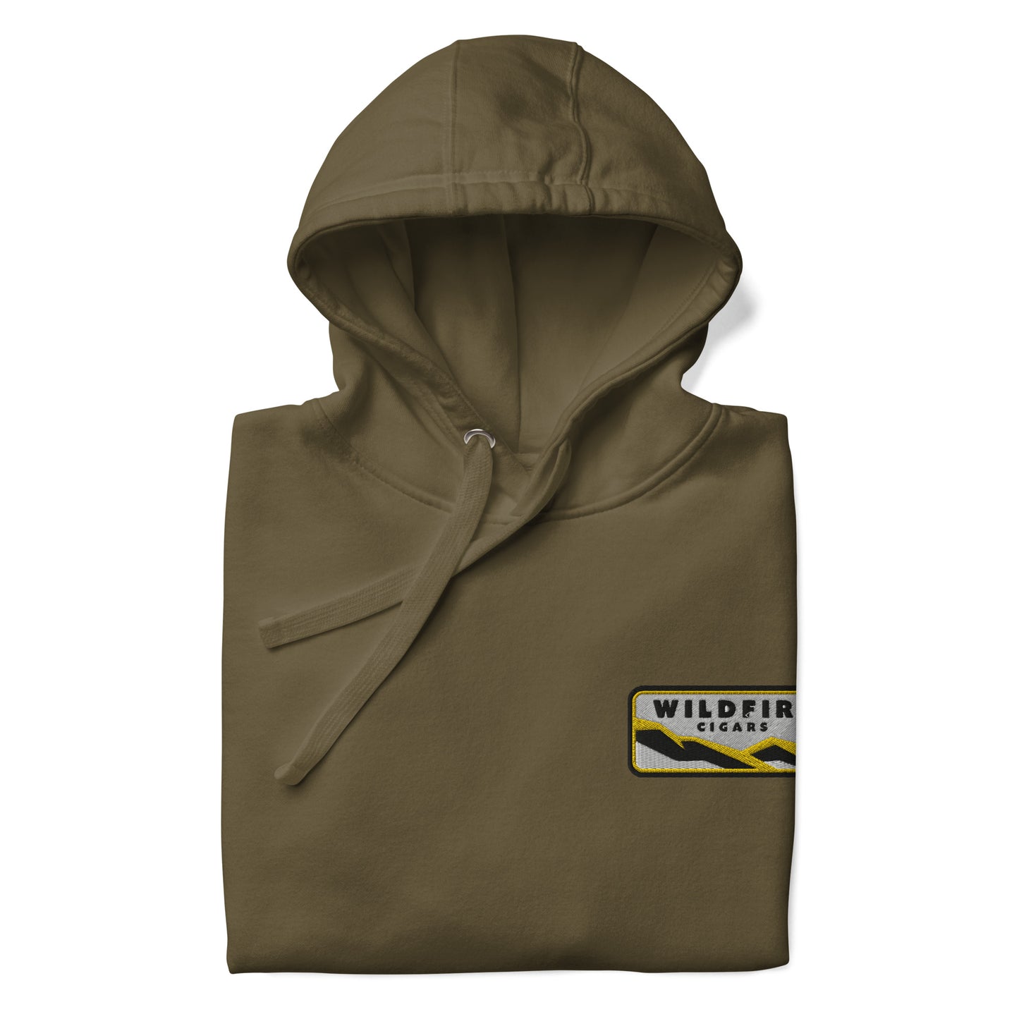 Wildfire Cigars embroidered left chest military green premium hoodie folded