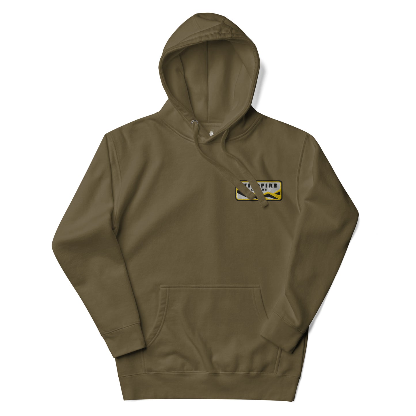 Wildfire Cigars embroidered left chest military green premium hoodie facing the front