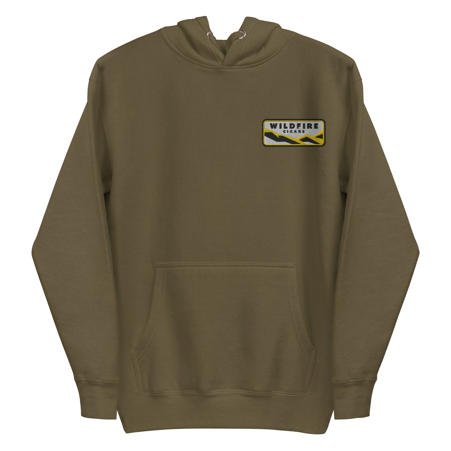 Wildfire Cigars embroidered left chest military green premium hoodie facing the front