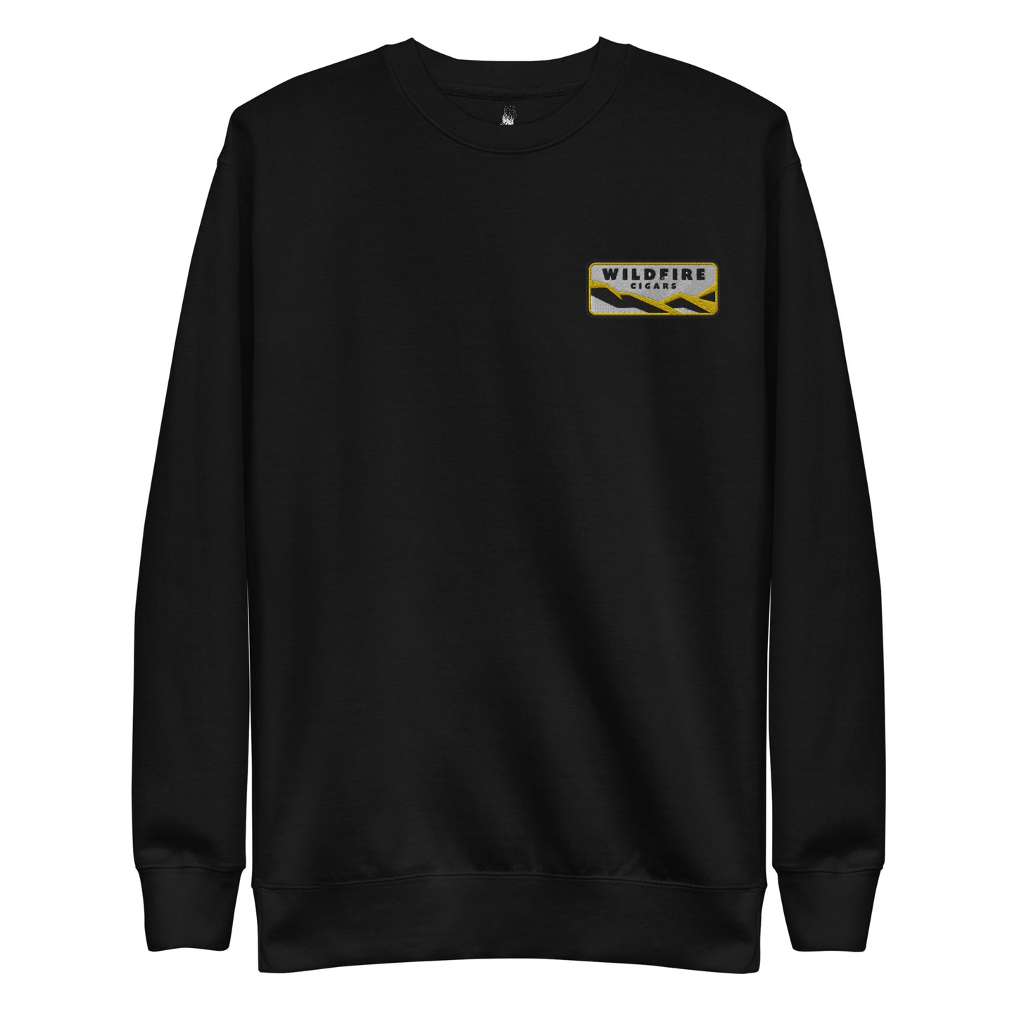 Wildfire Cigars embroidered left chest on black premium sweatshirt facing the front