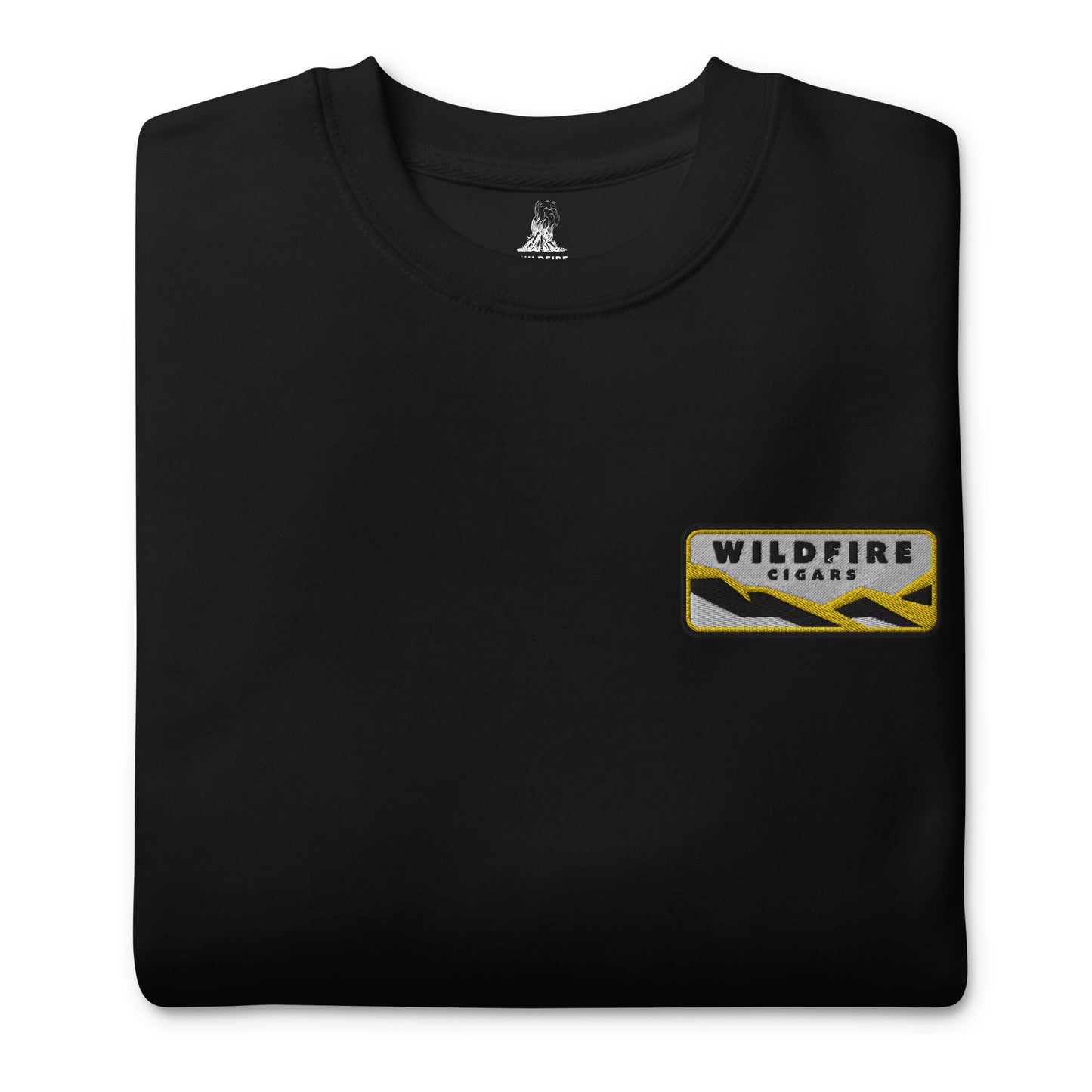 Wildfire Cigars embroidered left chest on black premium sweatshirt folded