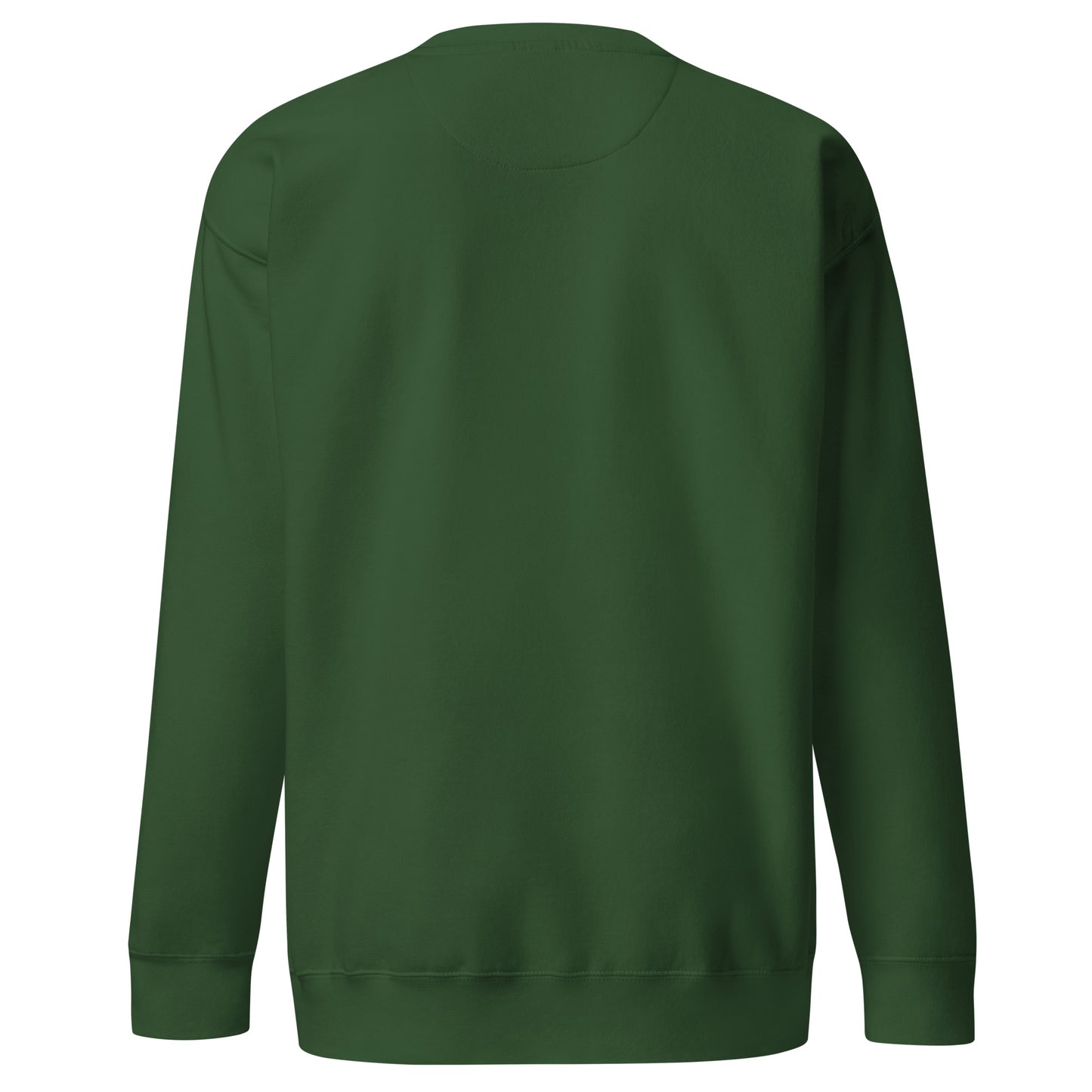 Wildfire Cigars embroidered left chest on forest green premium sweatshirt facing the back